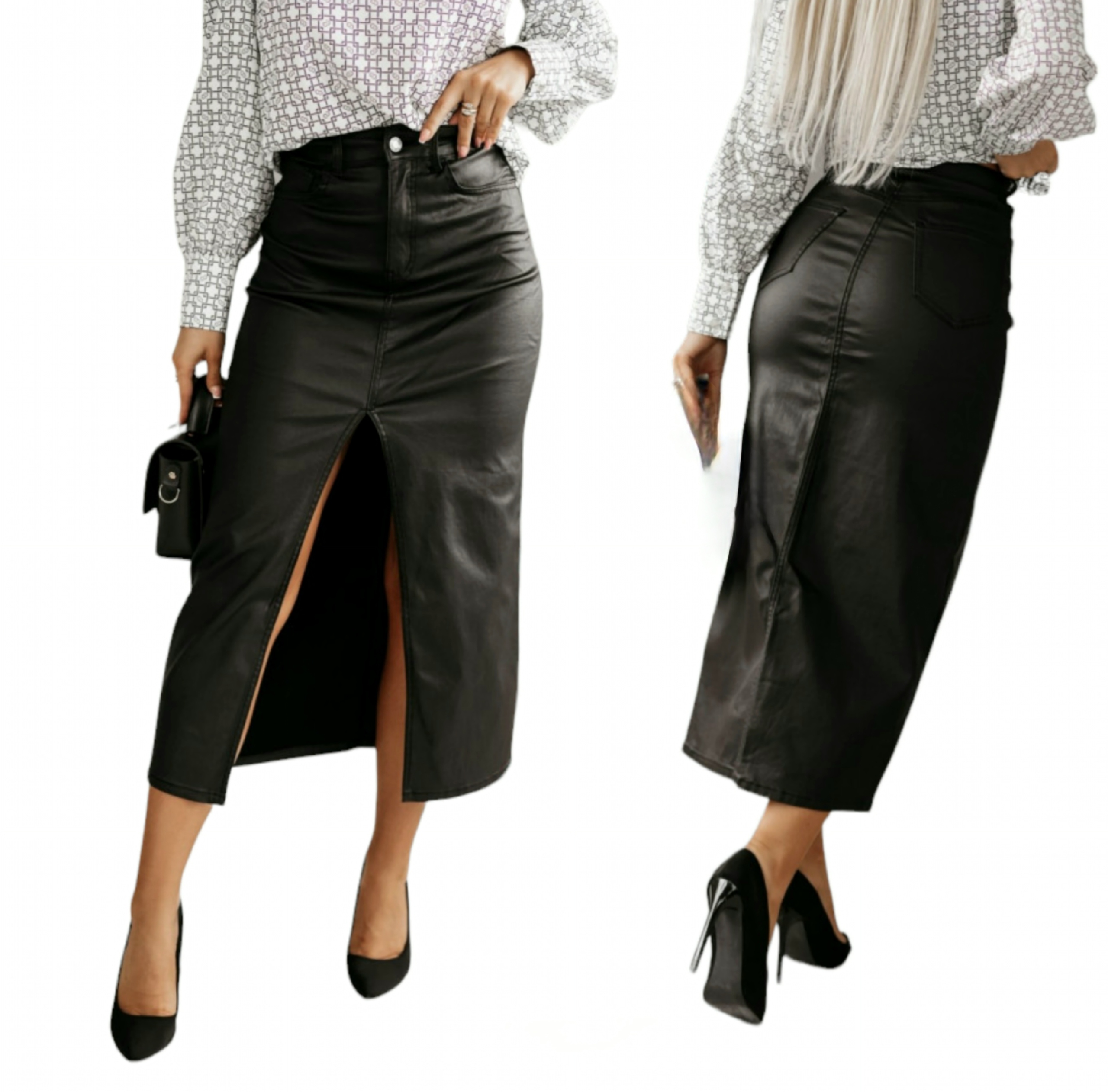 Černá Voskovaná Sukně MIDI S Rozparkem, velikost S 36