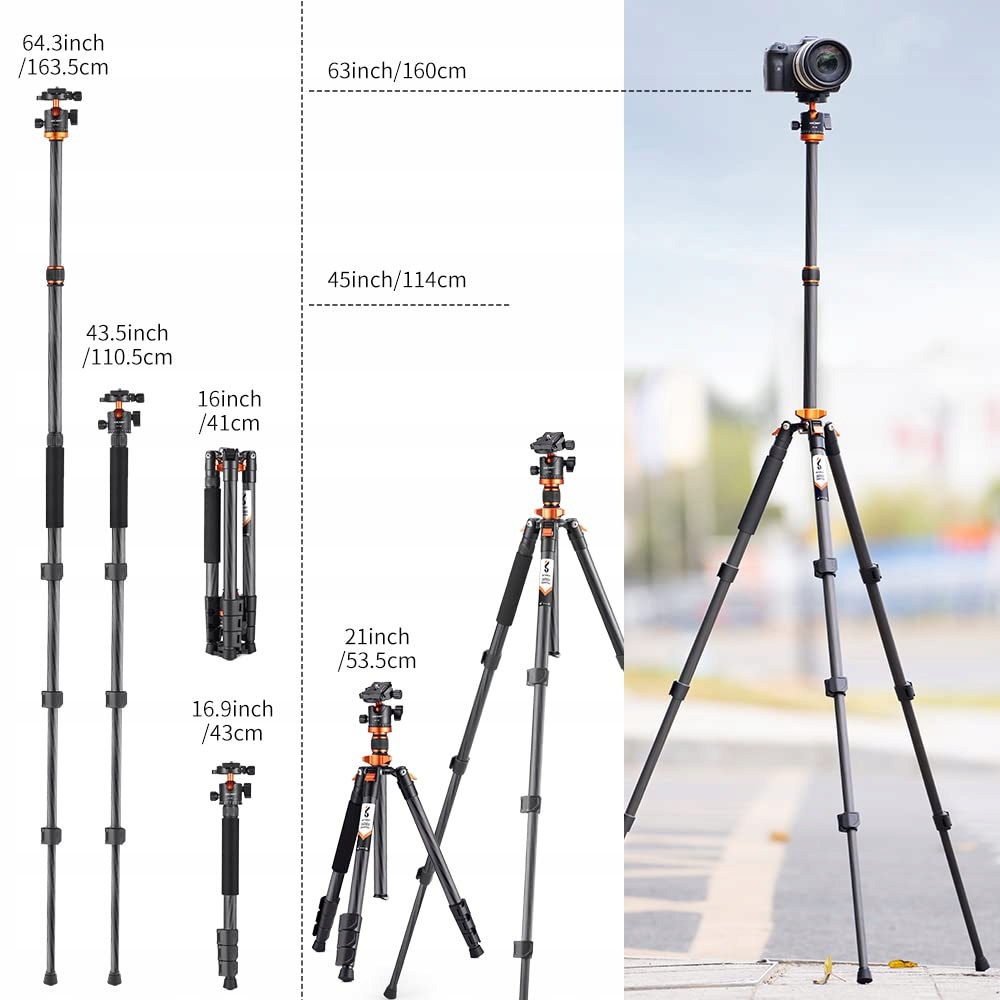 K&F CONCEPT Statyw Węglowy Kompaktowy Podróżny Z Funkcją Monopodu — miniatura 5