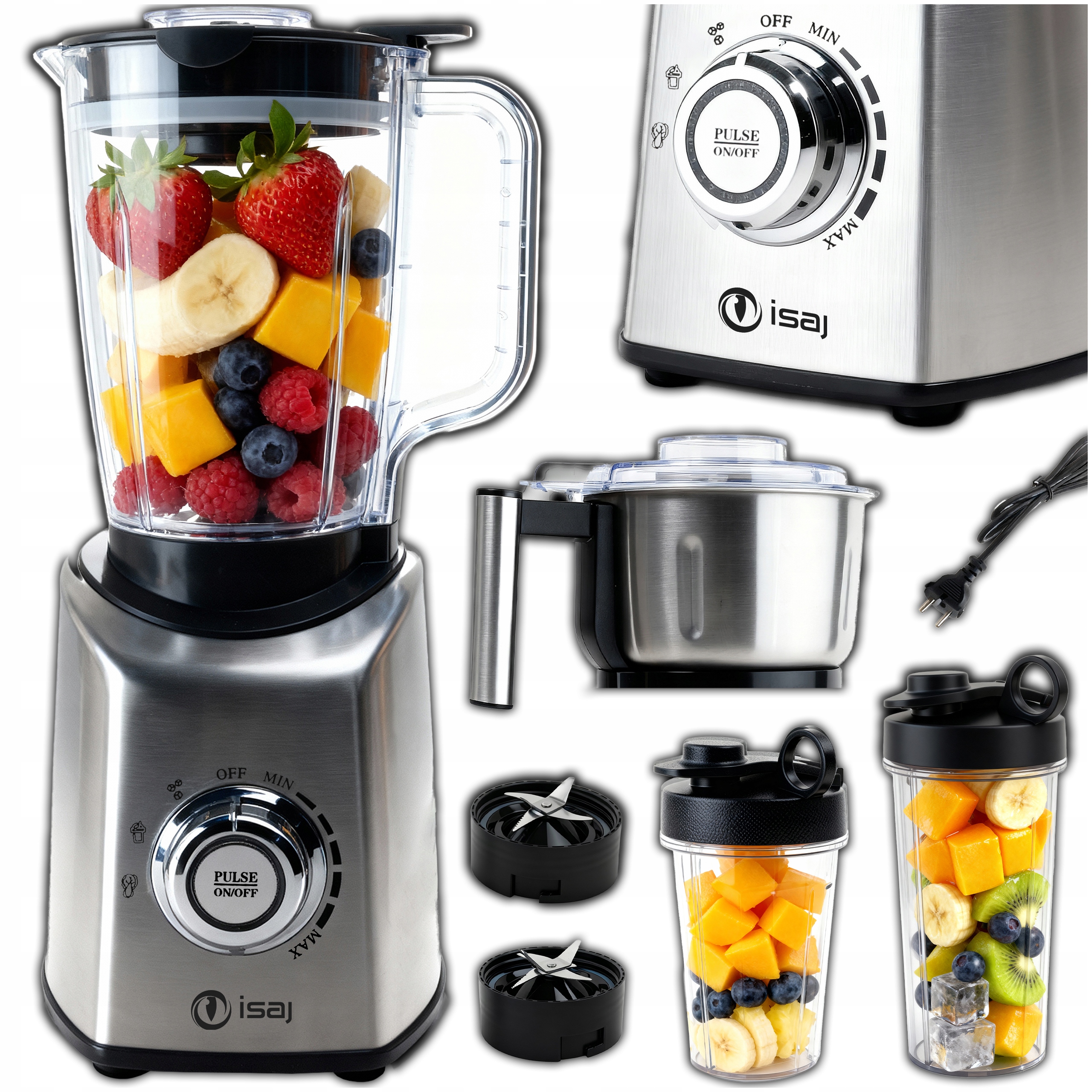 Blender Kielichowy Duży Smoothie 4w1 Młynek 2 Bidony stal Inox Isaj