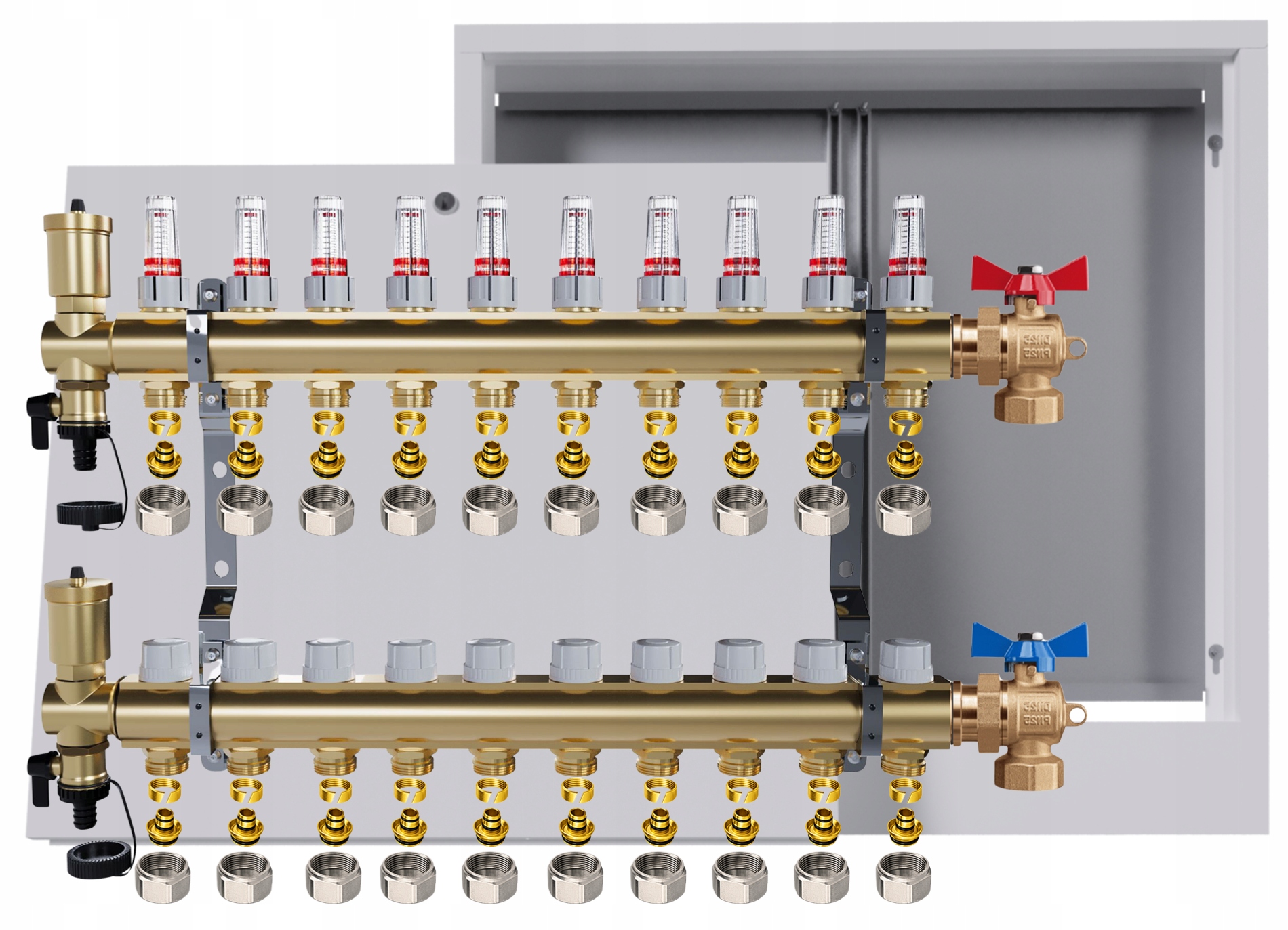Rozdělovač mosazný podlahový 10 okruhů skříňka na omítku kulový Pex