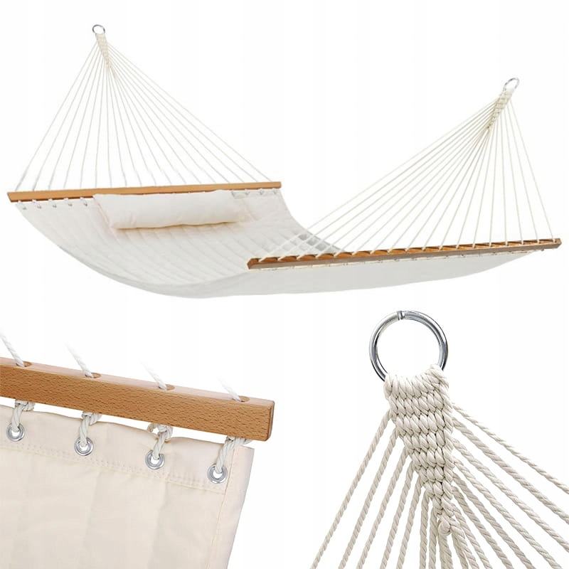 Hamak ogrodowy z poduszką pikowany dwuosobowy beżowy poprzeczka huśtawka