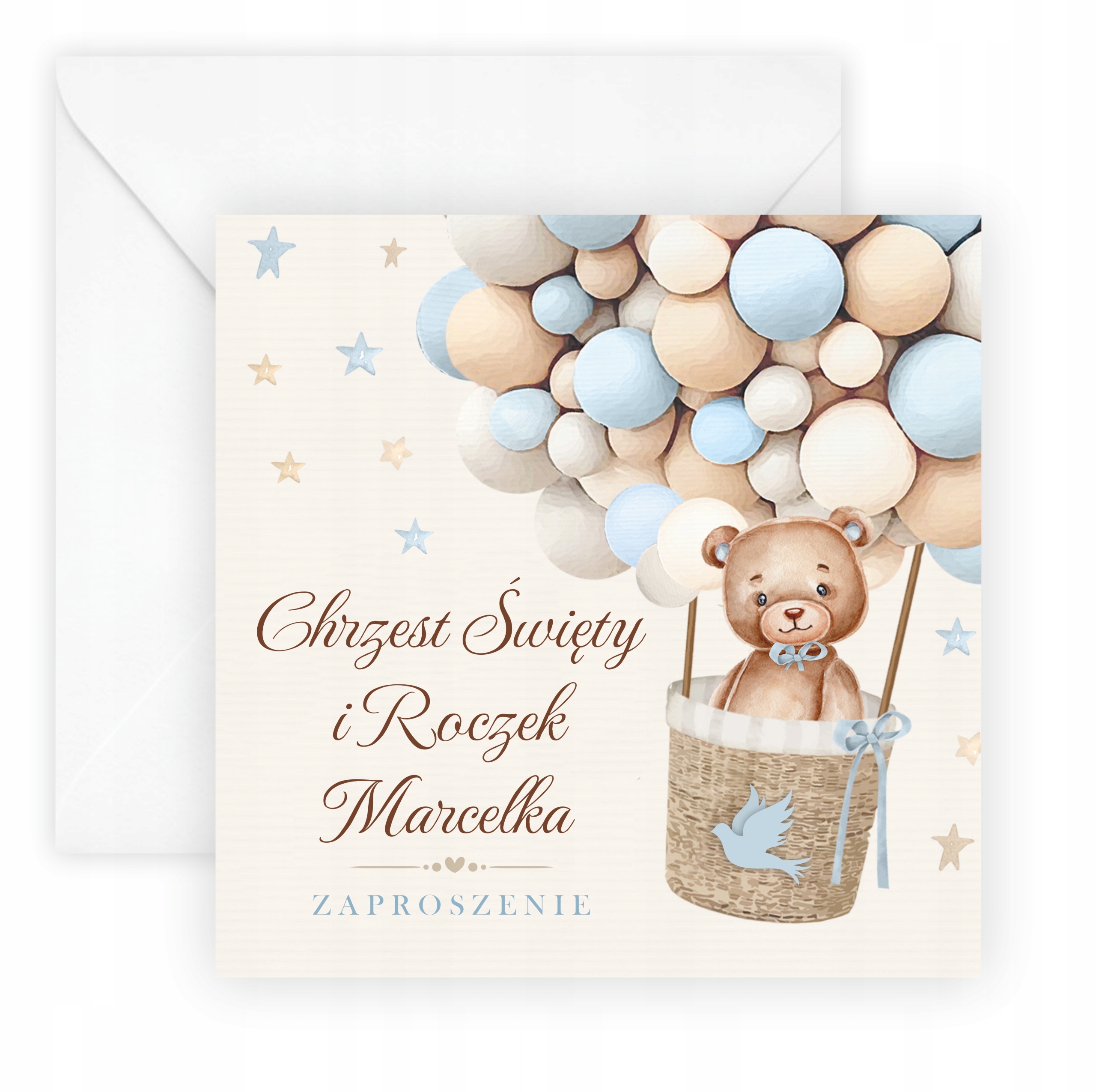 ZAPROSZENIA NA CHRZEST I ROCZEK + IMIĘ + KOPERTA Wysokość produktu 14 cm