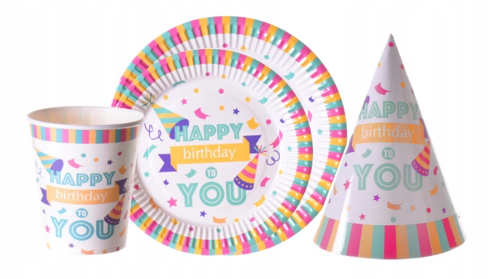 ZESTAW PAPIEROWY KUBECZKI TALERZYKI HAPPY BIRTHDAY Kolor wielokolorowy