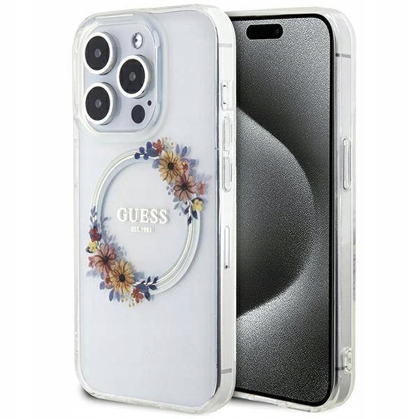 Pouzdro Guess Flowers Wreatch pro Magsafe pro iPhone 15 Pro Max Průhledné