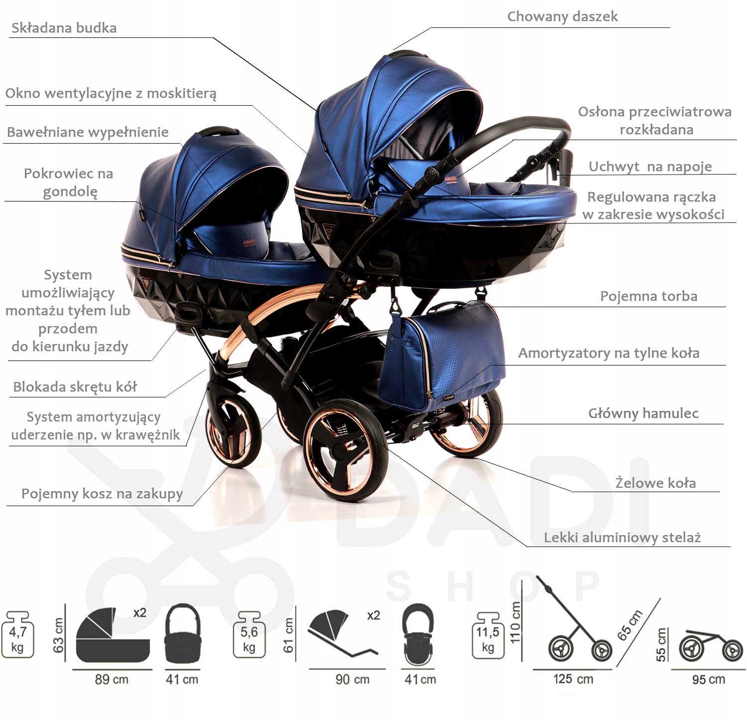 JUNAMA Fluo Duo Slim wózek dla bliźniaków 3w1 Niebieski 01 Marka Junama