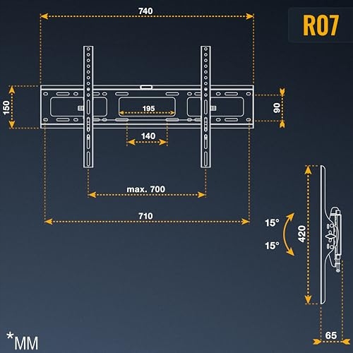 RICOO Uchwyt TV Ścienny Neigbar Slim 37-80 Cal 100kg VESA 600x400 — miniatura 8