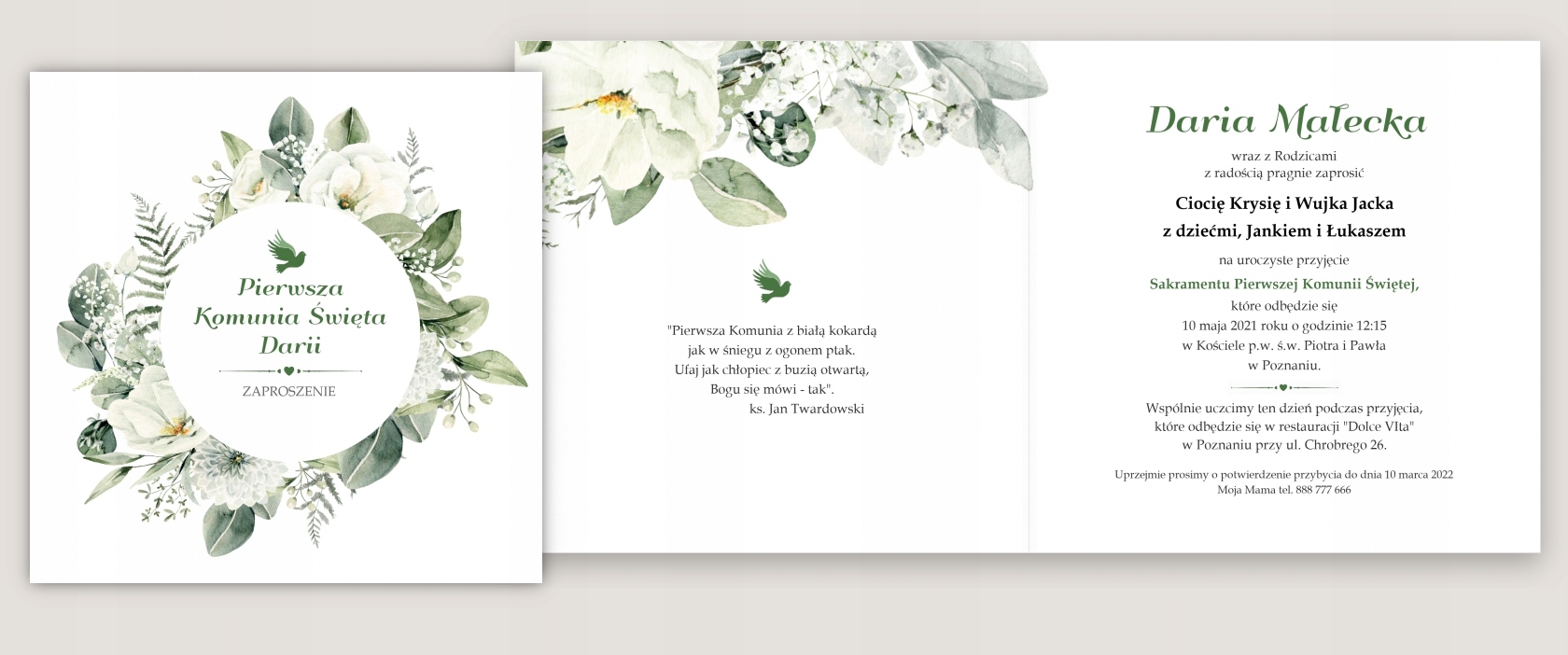 Zaproszenia na Komunię Personalizowane dla CHŁOPCA MOTYW ROŚLINNY LIŚCIE Szerokość produktu 14.2 cm