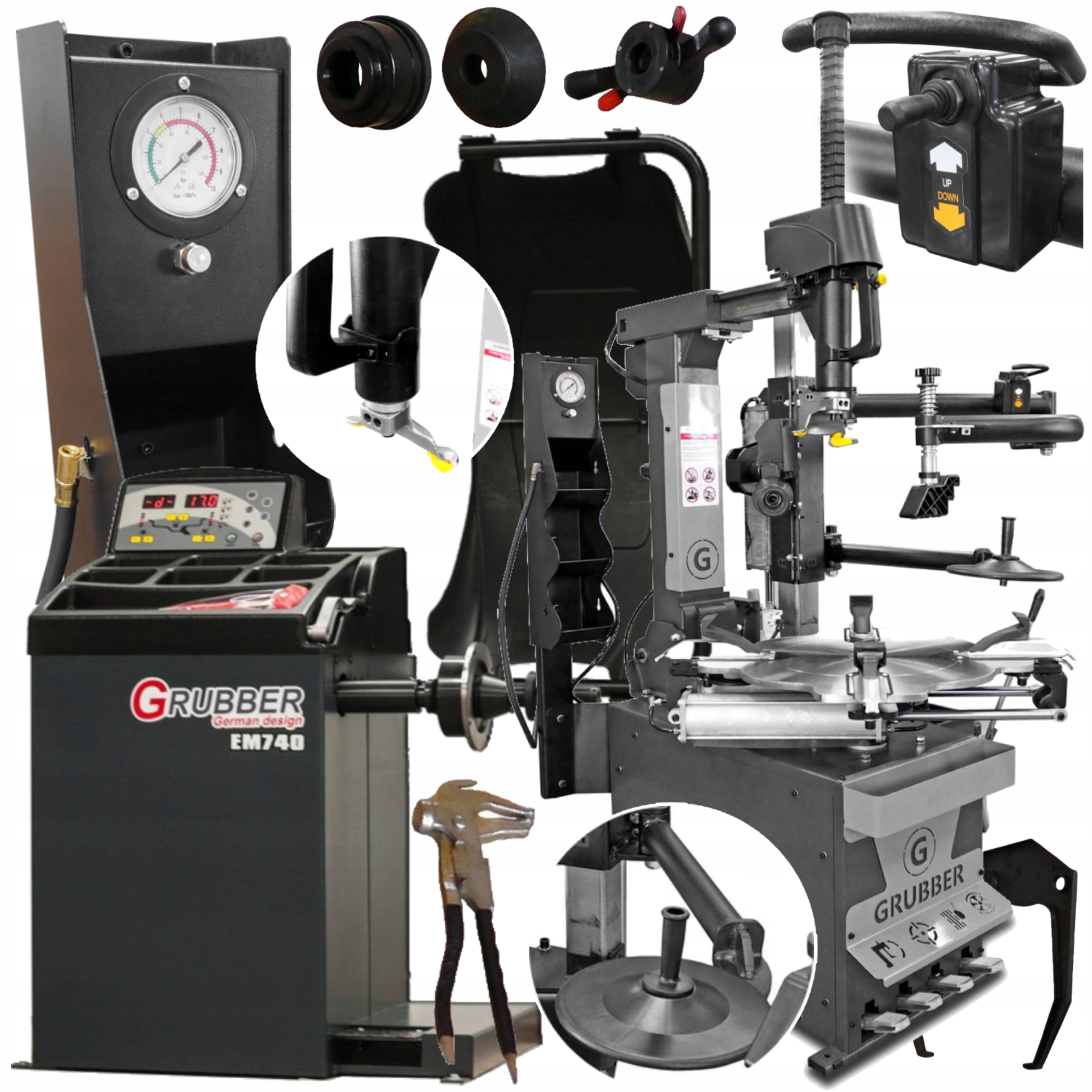ZESTAW MASZYN MONTAŻOWNICA GR922 WYWAŻARKA KÓŁ EM740 AUTOMAT LASER GRUBBER