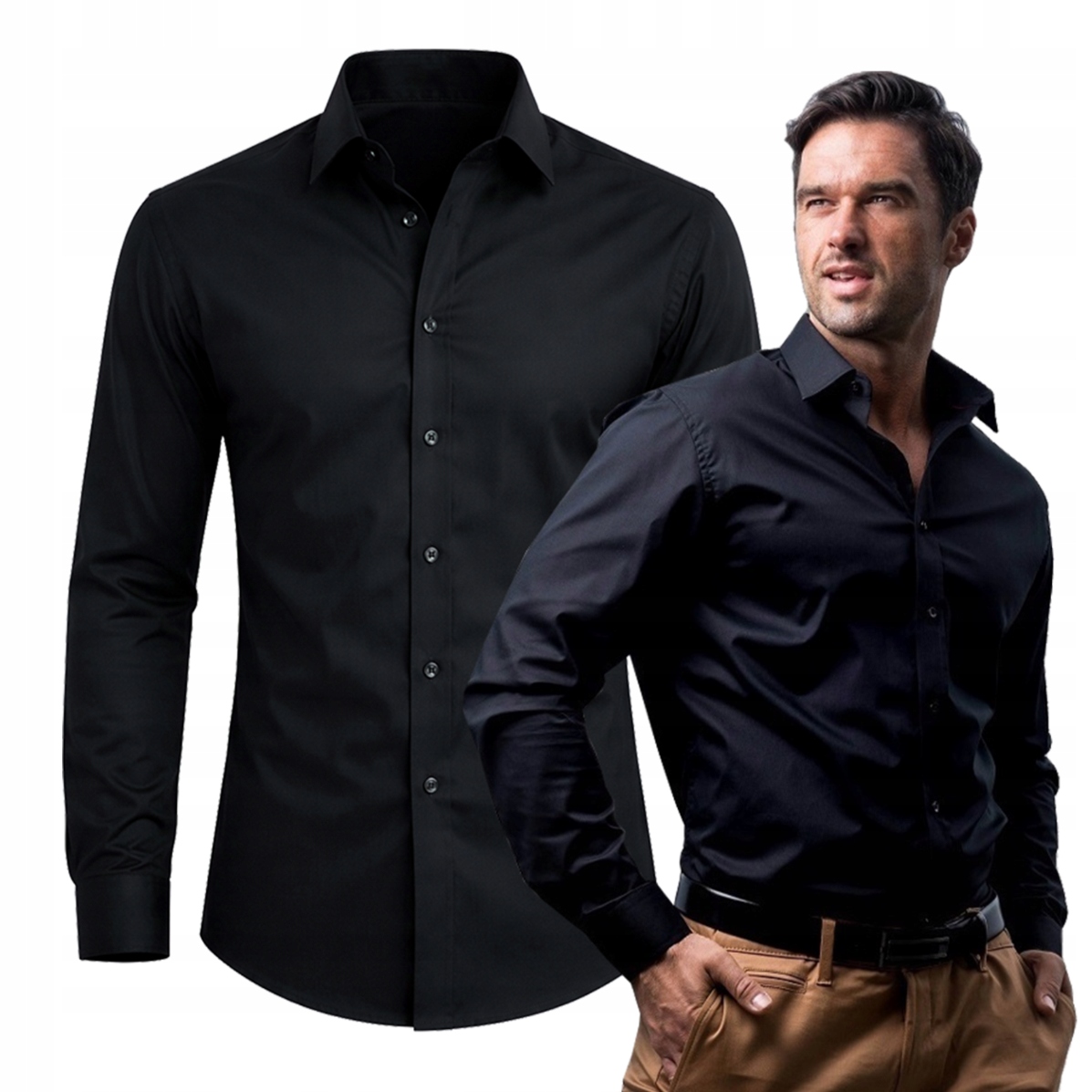 Koszula Męska Czarna satynowa elastyczna Rozciągliwa Slim M