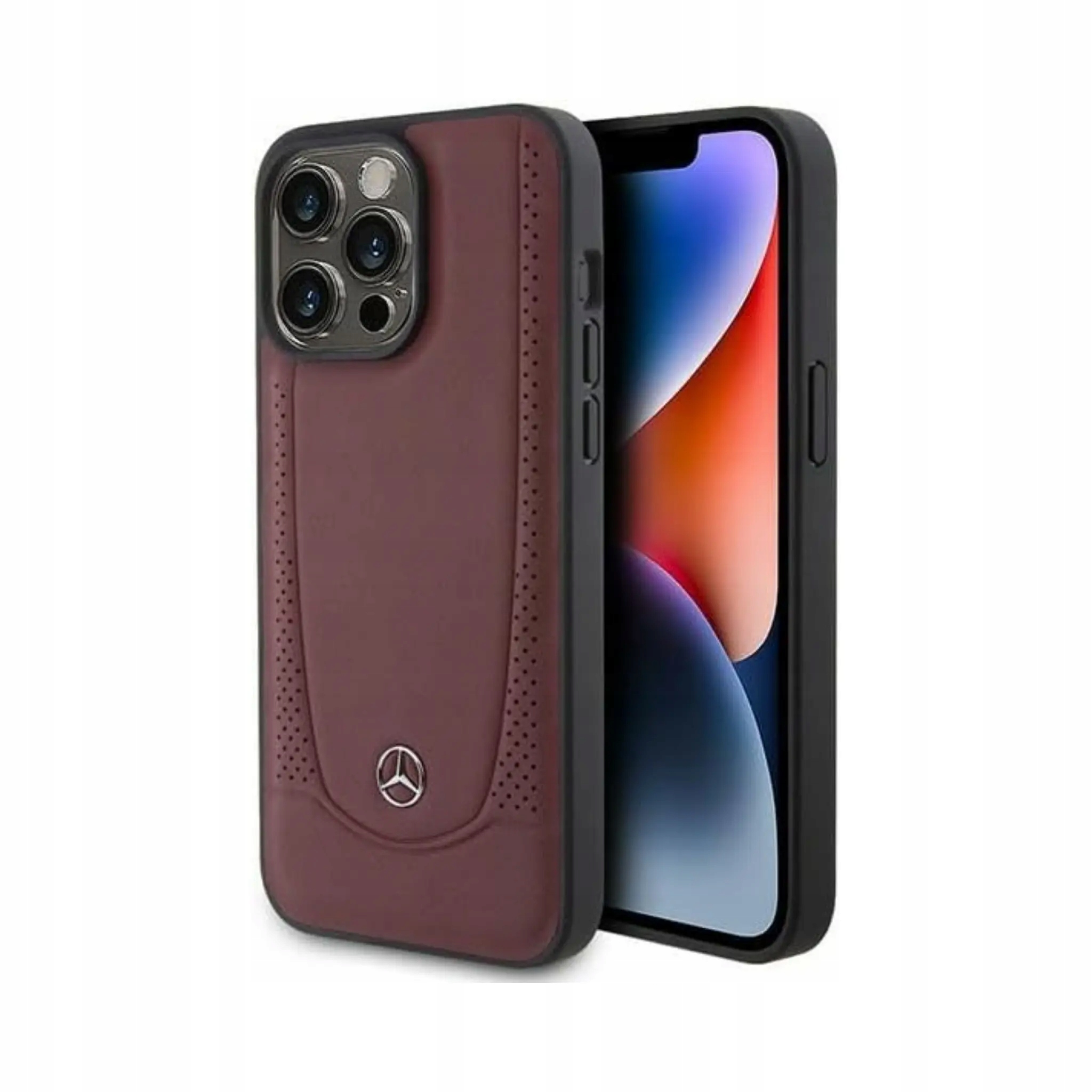 Etui Mercedes iPhone 15 Pro, bordowe logo gwiazdy z prawdziwej skóry