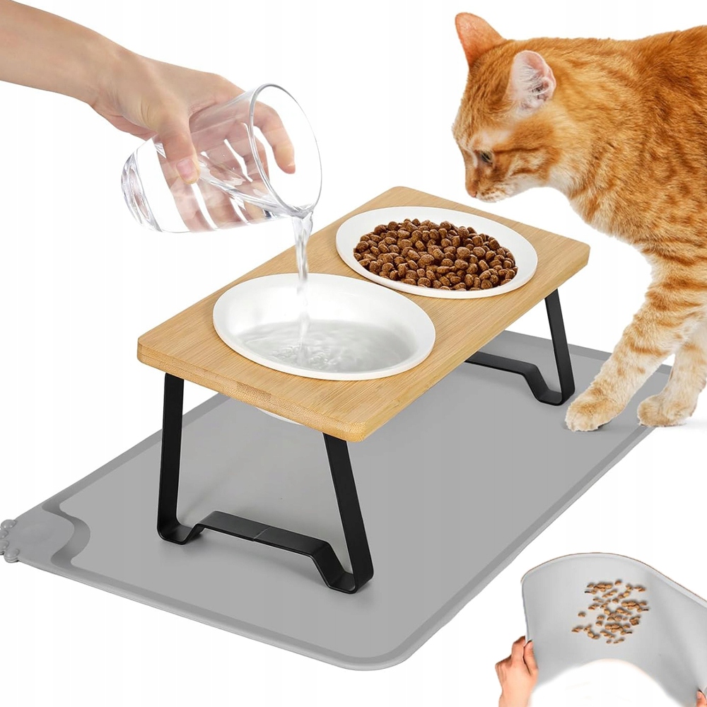 Levně Stojan Na Krmení Pro Kočky Psa 2 Keramické Misky 15° Sklon