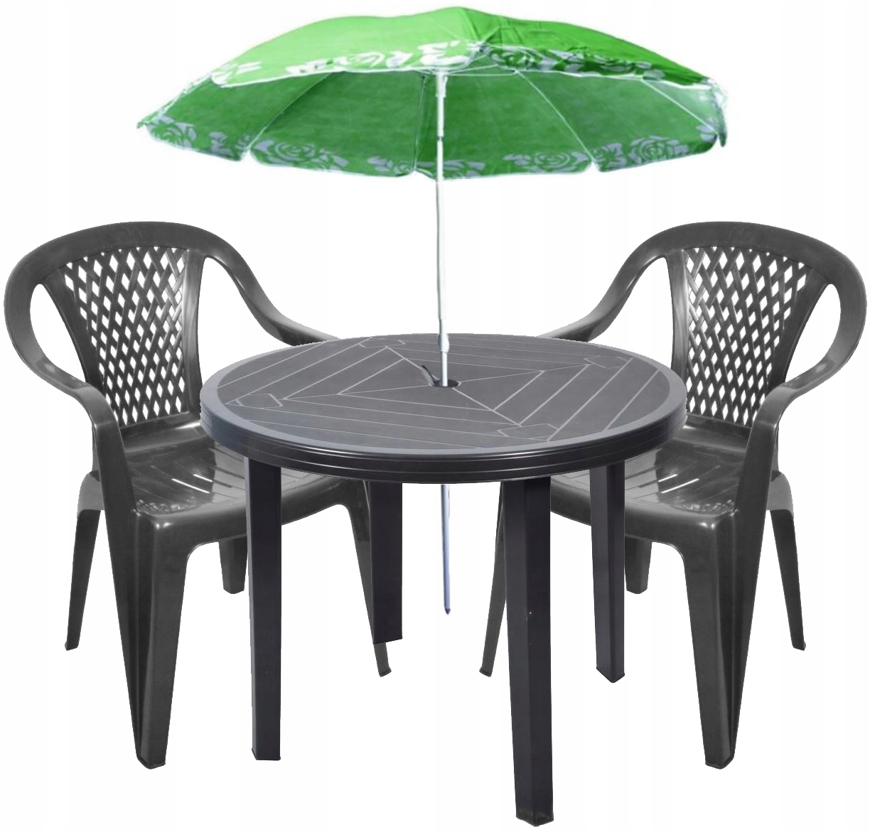 2+1 ZESTAW PLASTIKOWY KRZESŁA STÓŁ PARASOL GRAFIT