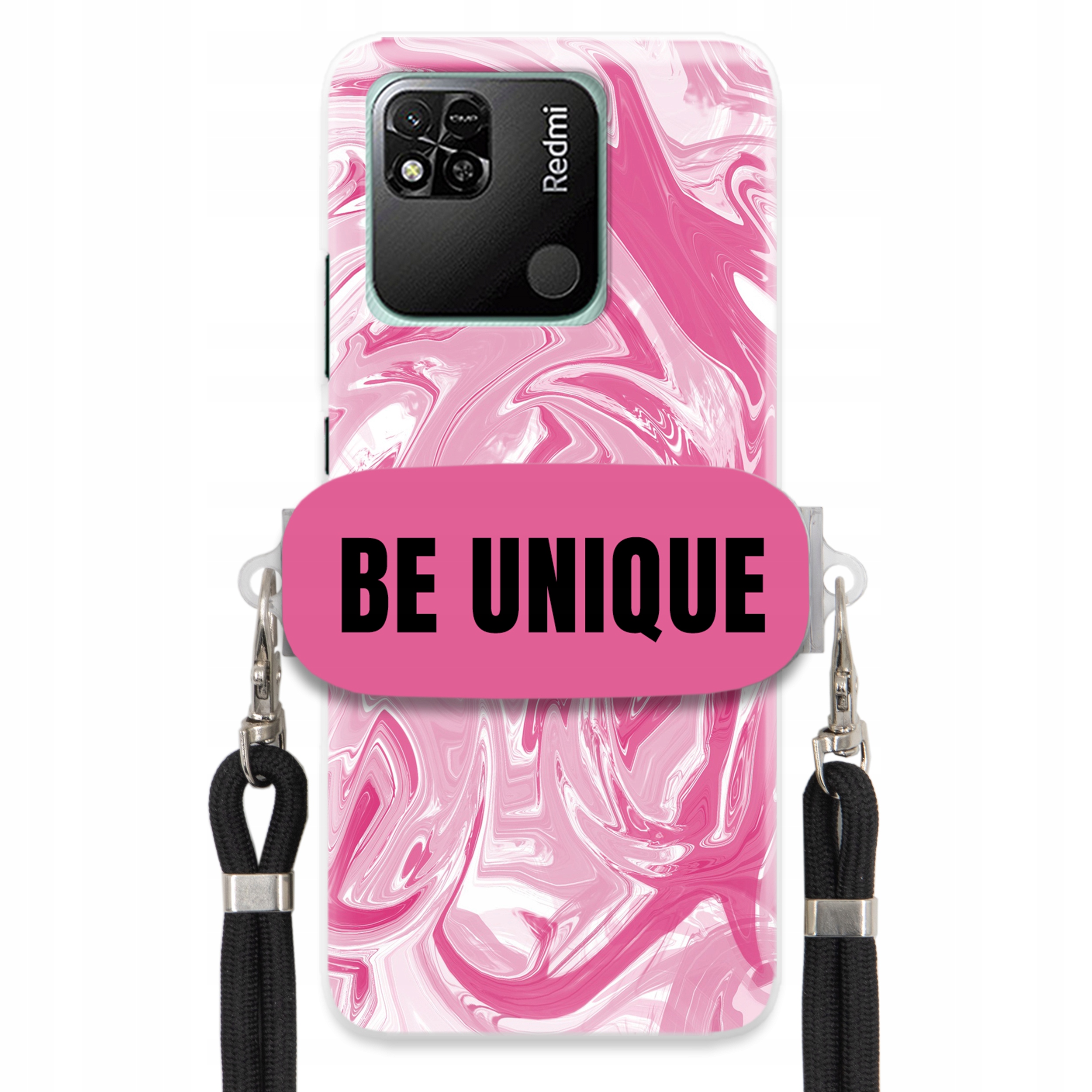 Puzdro pre Xiaomi Redmi 10A držiak na šnúrku Čierna Ružová Mramor Unique