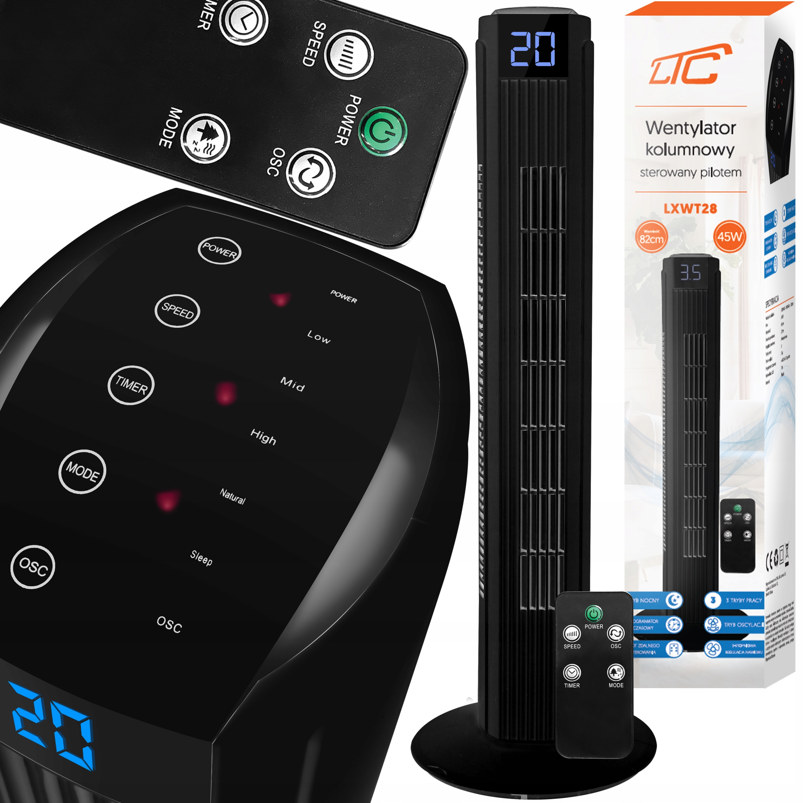 Sloupový Ventilátor Tichý 27 dB Stojanový Větrák Dálkový Ovladač Ionizace Dosah 12 M