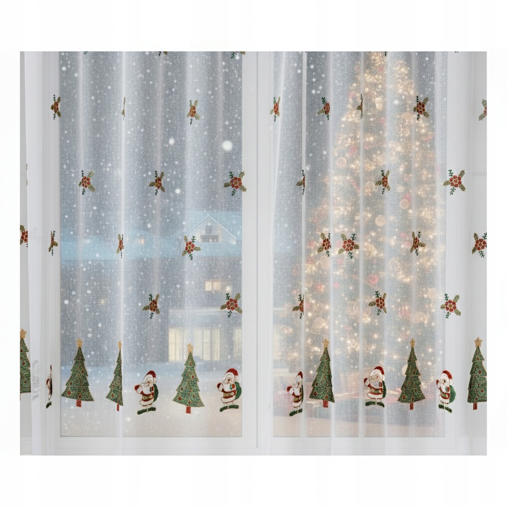 Veselá záclona s mikulášmi a vianočné stromčeky pripravené šité páskou 600x270