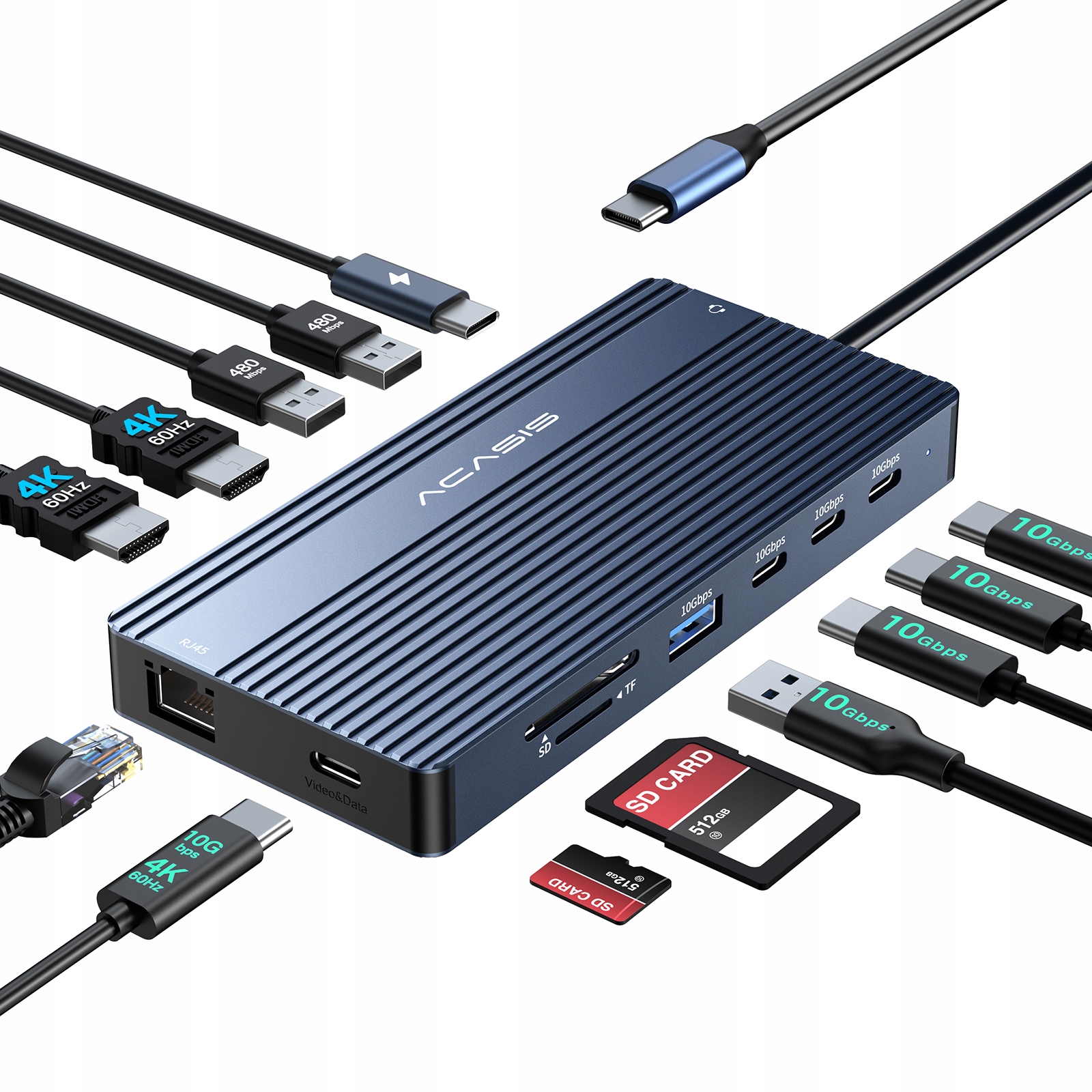 Stacja Dokująca Hub Acasis Usb-c 14w1 4K 60Hz Pd 100W Ładowanie 2xHDMI Sd