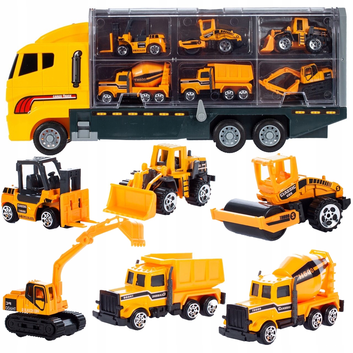 CIĘŻARÓWKA TIR laweta + 6 pojazdów maszyny budowlane ZJEŻDŻALNIA AUTEK Marka Stator