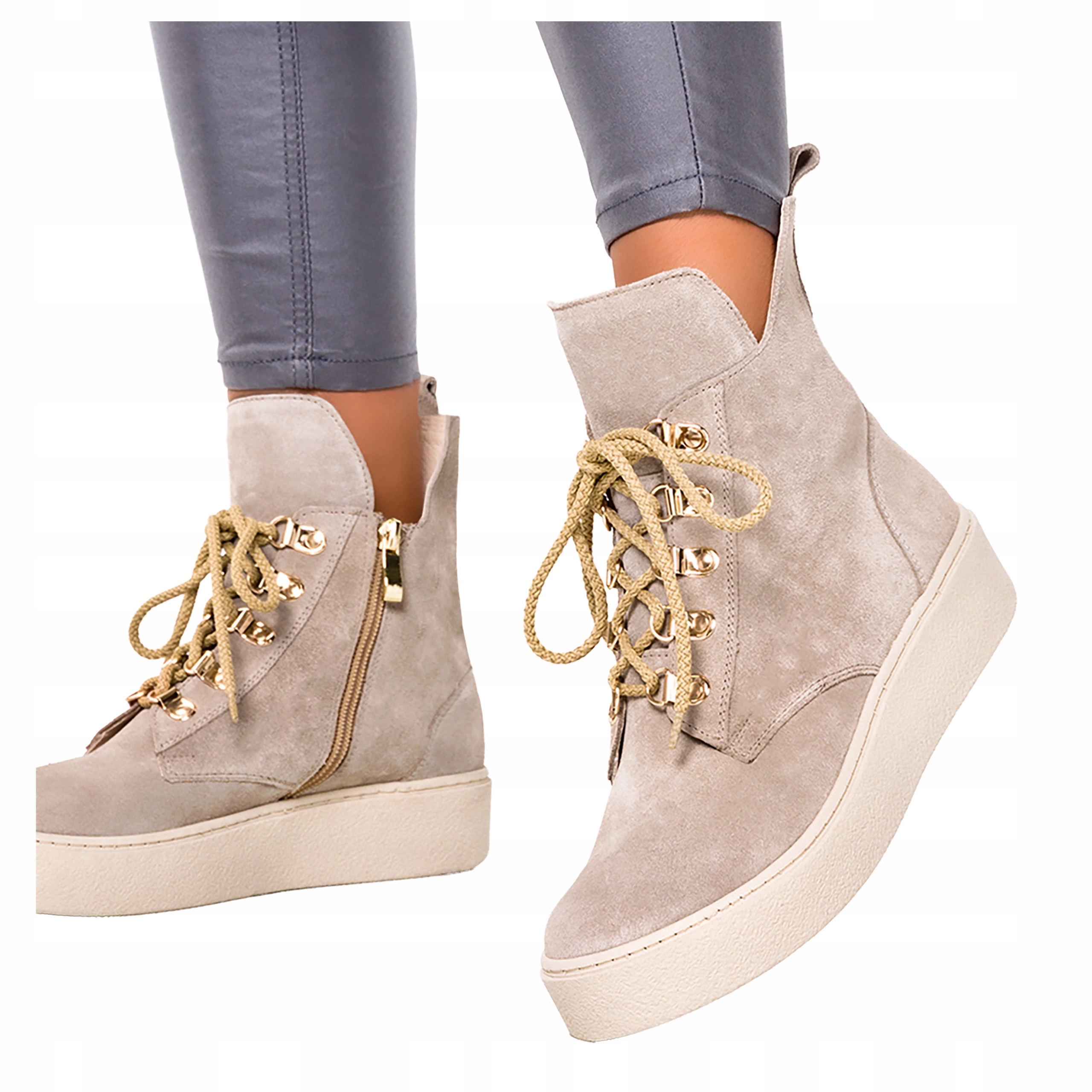 Kotníkové Boty Béžové Dámské Kožené Polské Šněrovací Pohodlné Semišové r 39