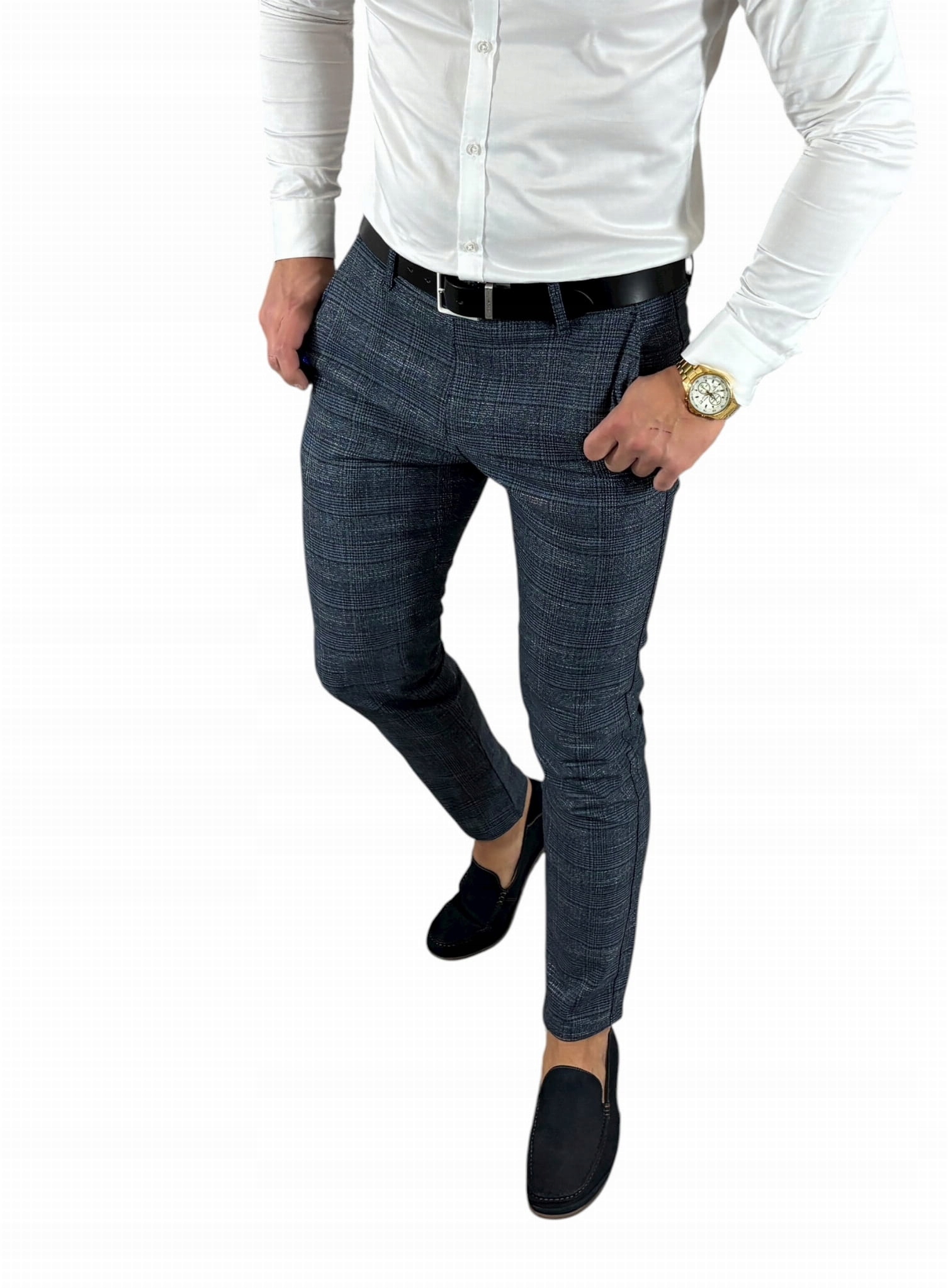 Návštěvní kalhoty slim modré jemná mřížka DJ022 W36