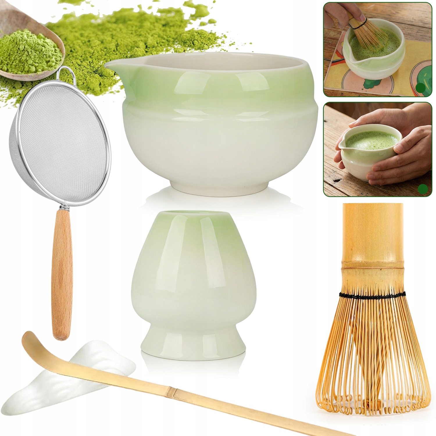 Zestaw Prezentowy Do Herbaty Matcha 7-CZĘŚCIOWY Zestaw Podstawka Łyżeczka