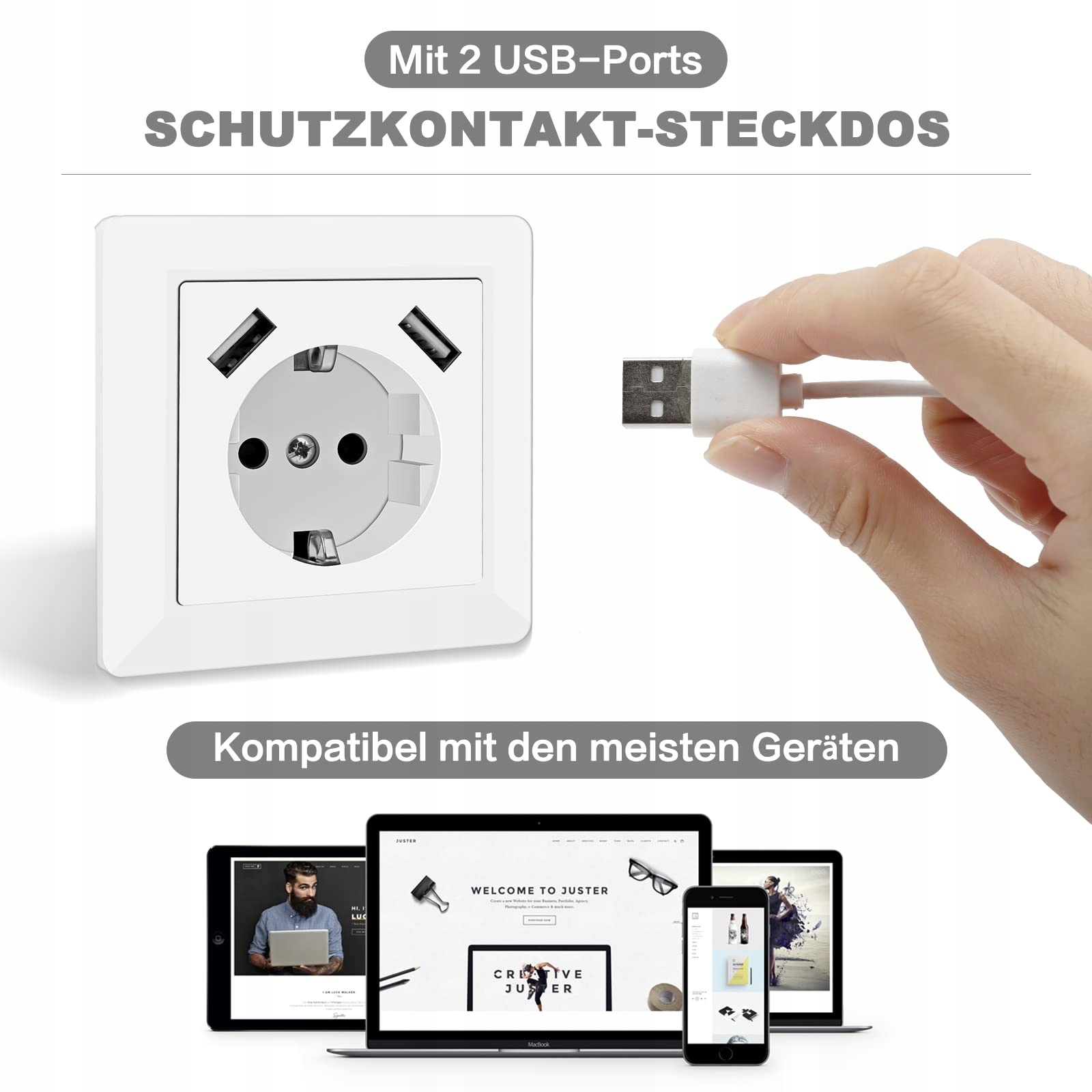 Gniazdo ścienne z USB, 5V 3.4A, Schuko, System 55, 33mm głębokości — miniatura 2