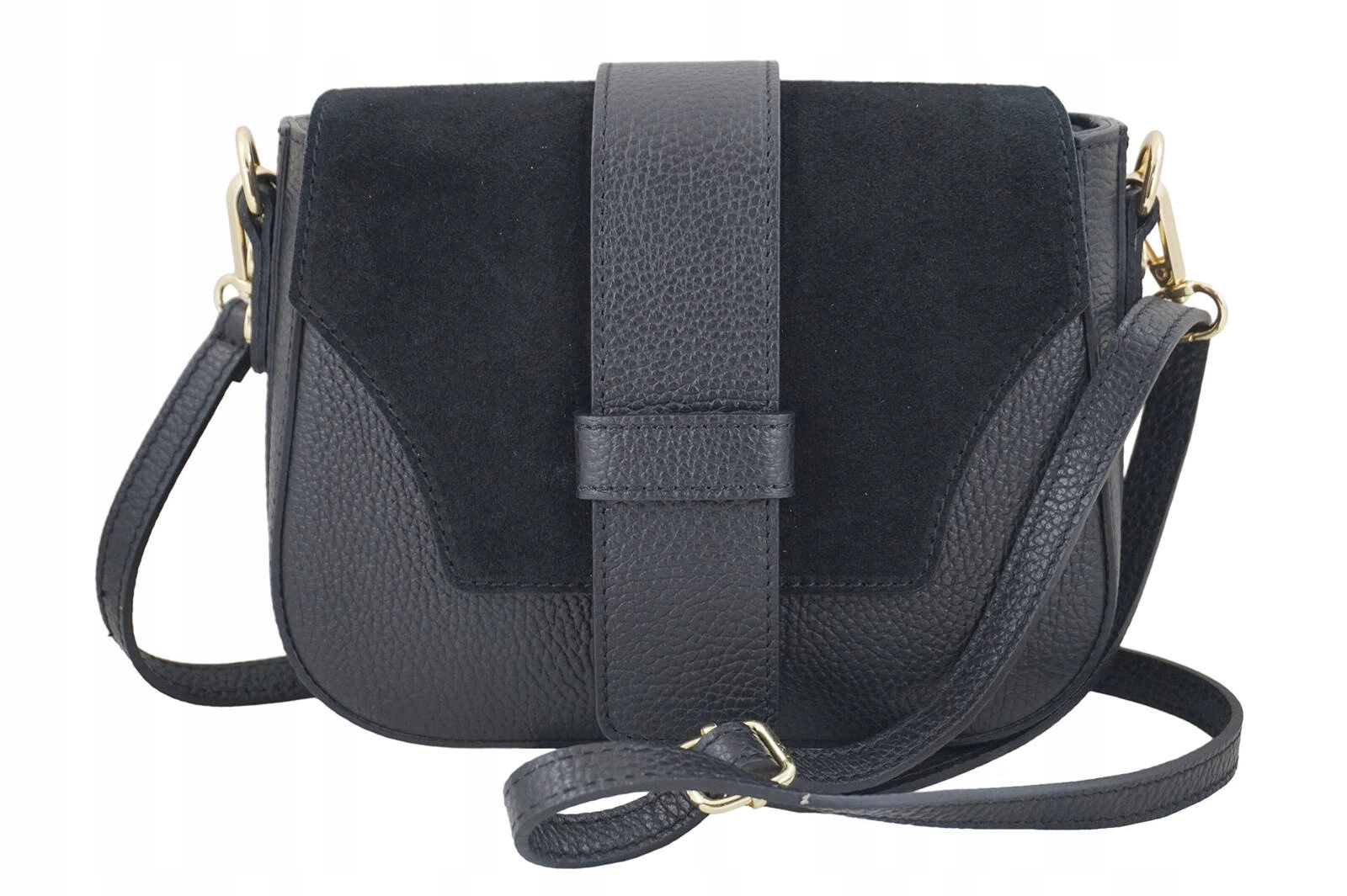 Kabelka přes rameno se semišovou klopou, italská kožená černá