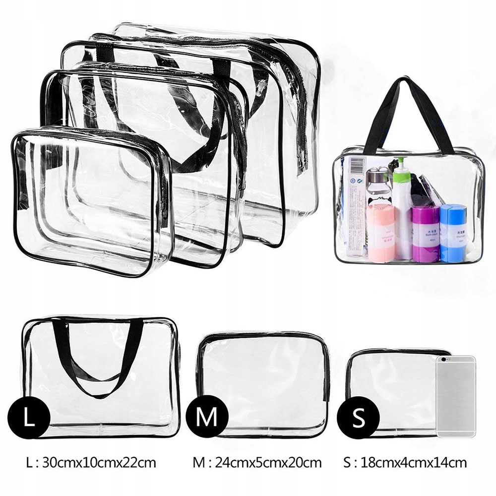 KOSMETYCZKA PRZEZROCZYSTA PODRÓŻNA ZESTAW 3 SZT! Zapięcie zamek