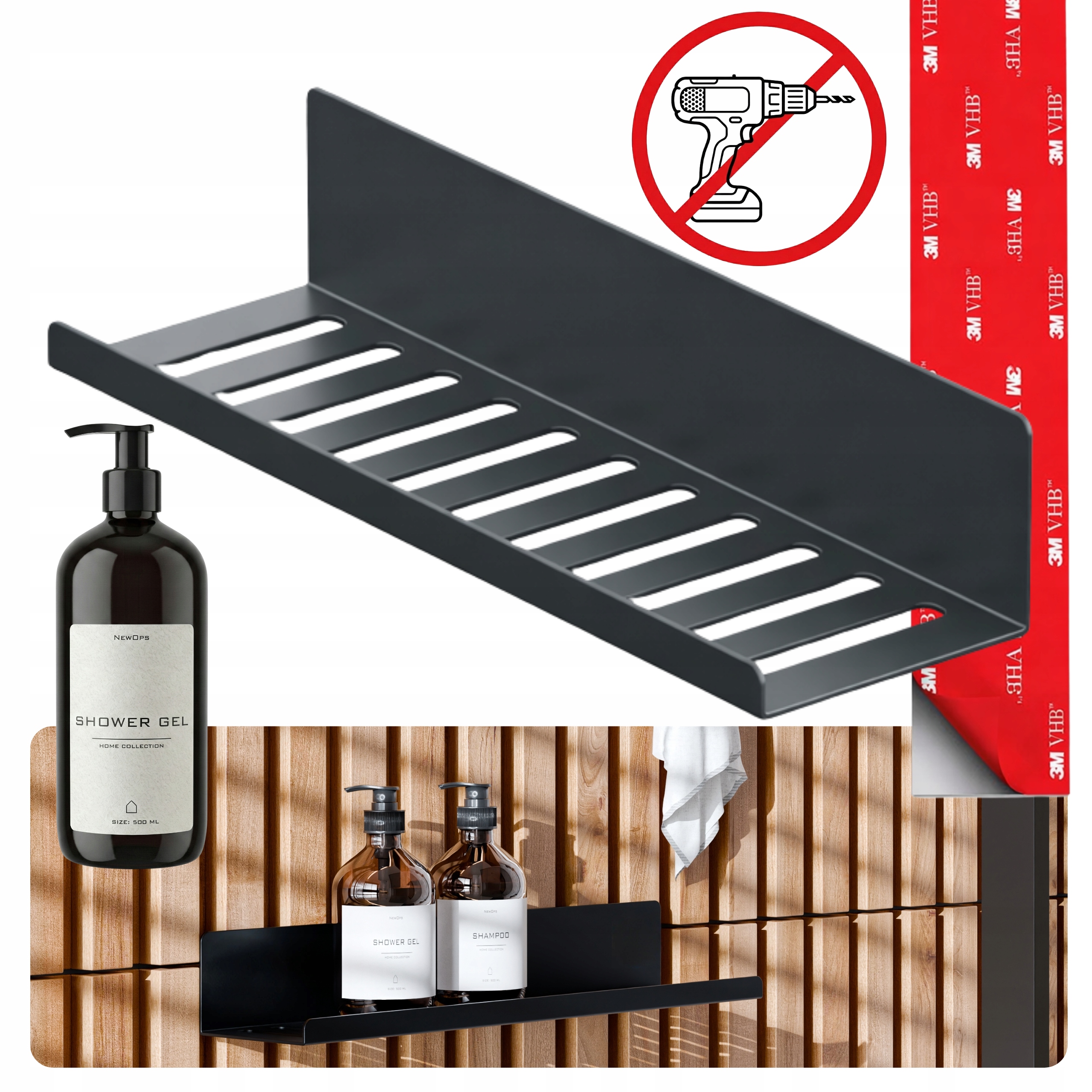 Sprchová Polička Nexa 30 cm Bezinvazivní Bez Vrtání 3M Vhb Láhev