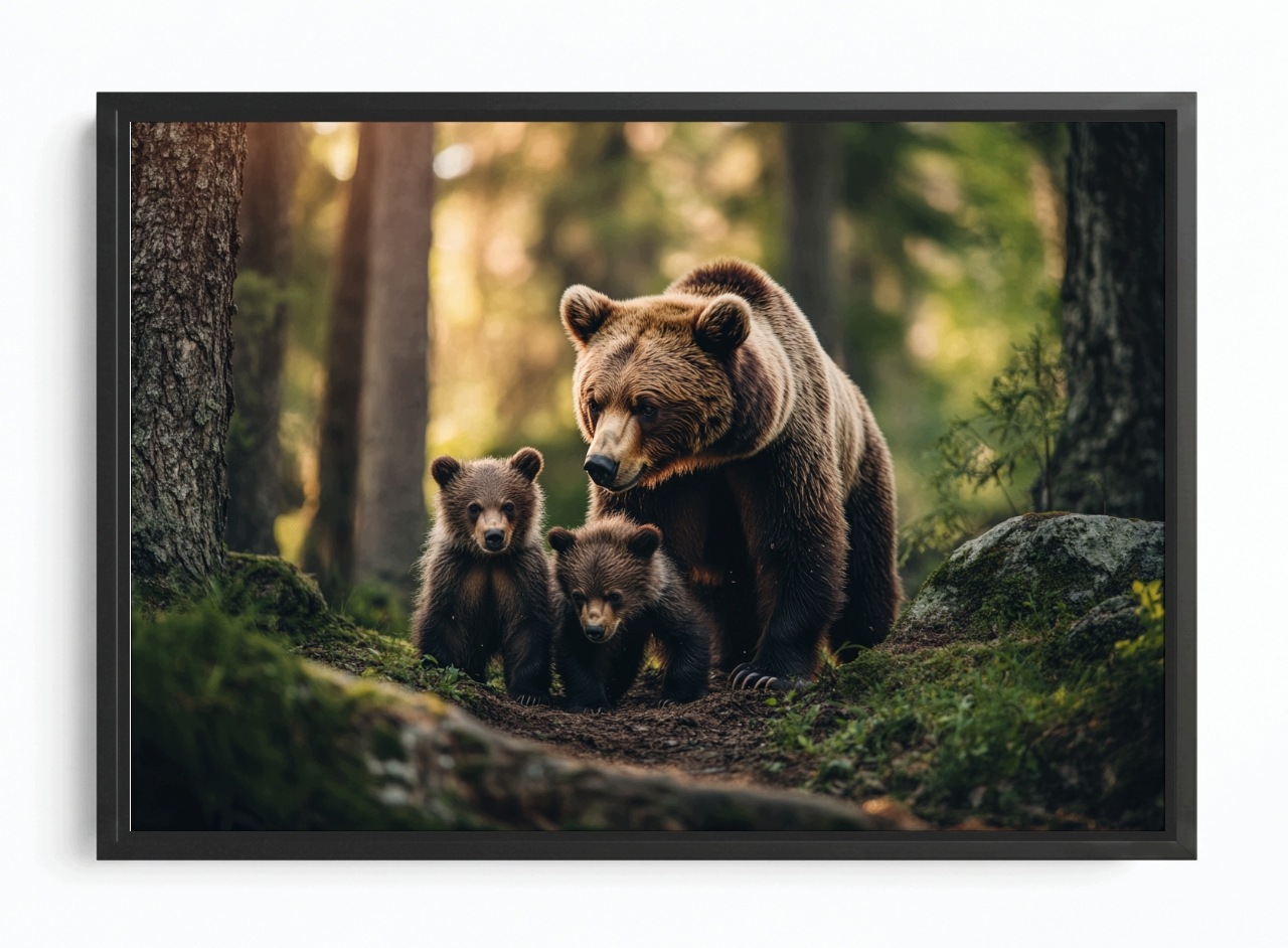 Obraz Rám Americká Krabička Příroda Les Medvěd Medvídek Máma Mládě Rodina 60x40