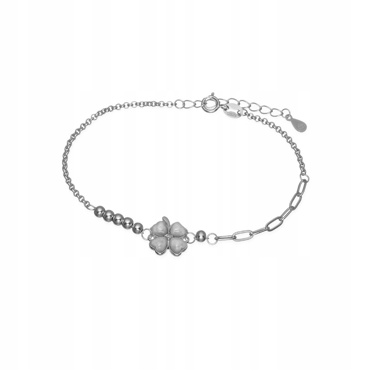 Stříbrný Náramek Ag925 Jetel S Perlovým Smaltem A Kuličkami Jako Dárek