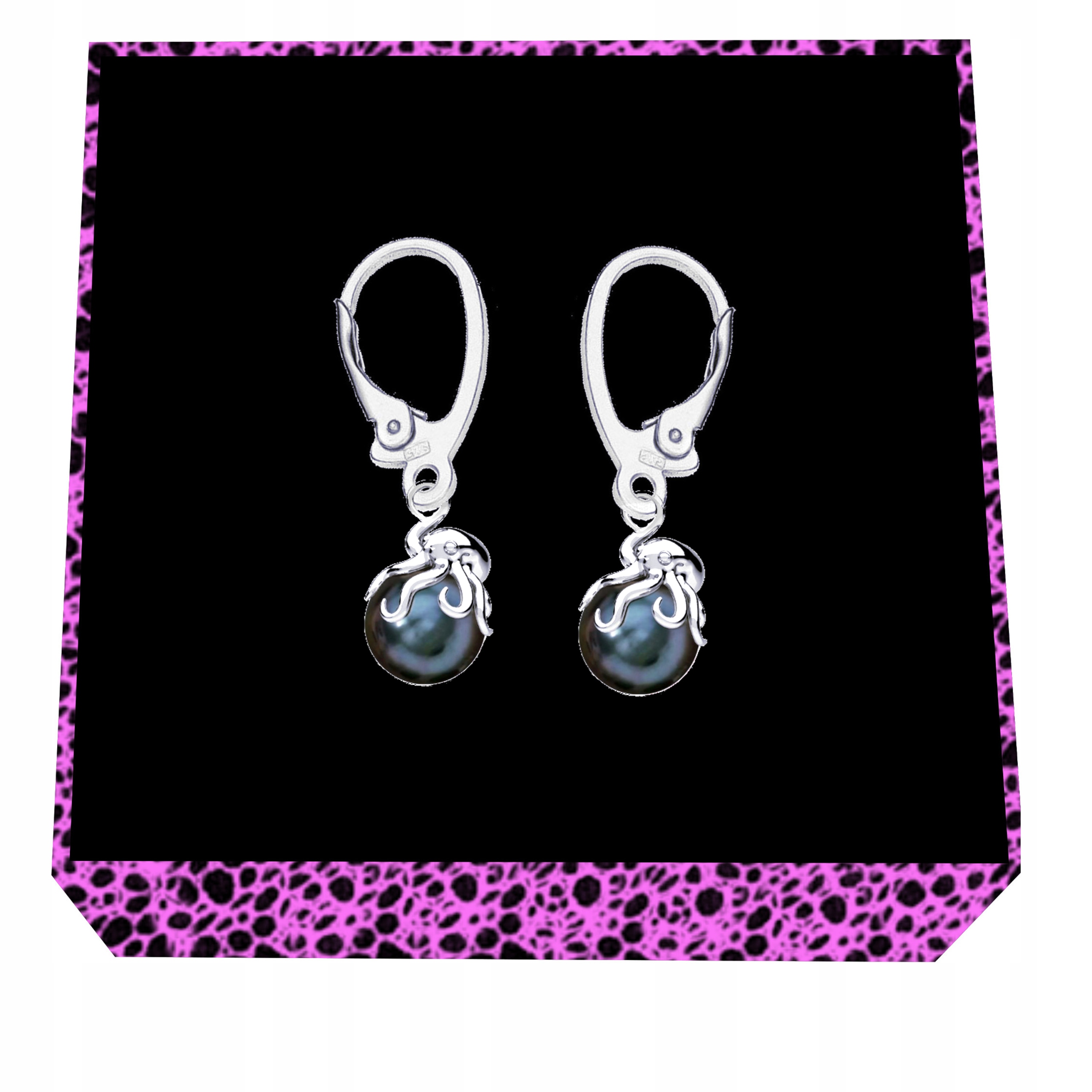 Chobotnice S Perlou Perly Černé Náušnice na anglickém biglu stříbro 925