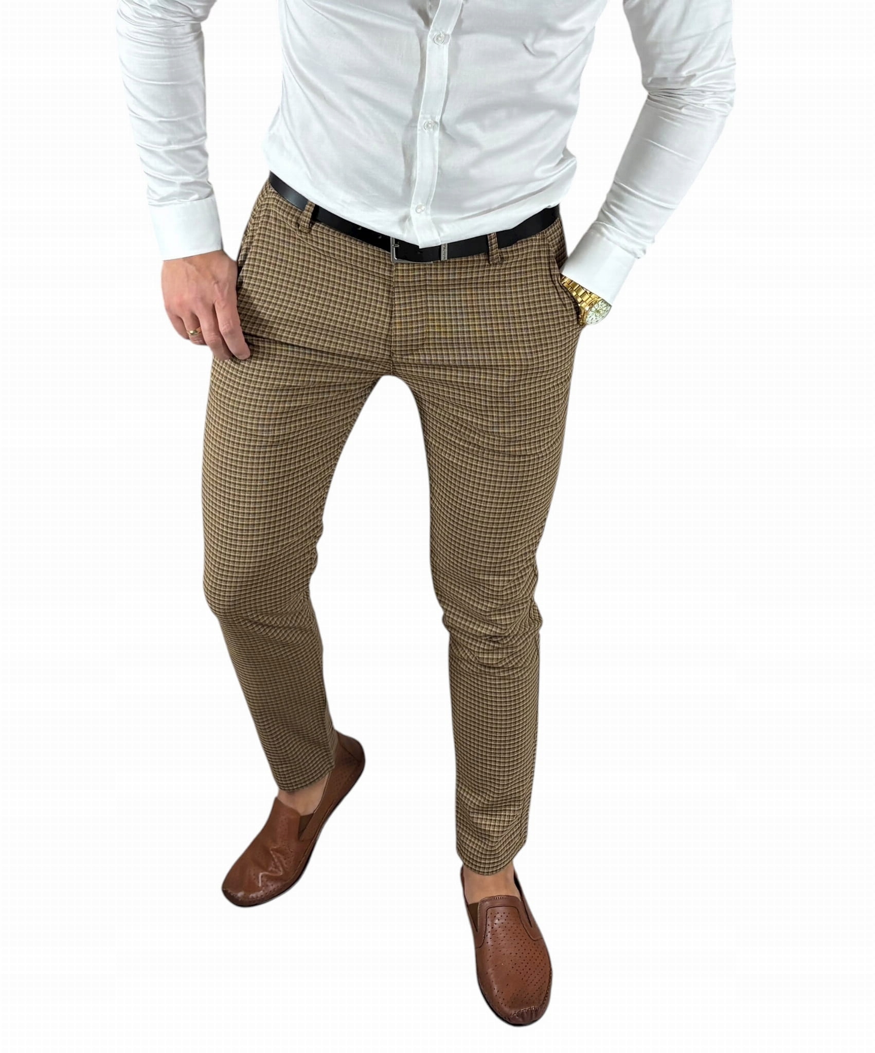 Návštěvní kalhoty slim hladké hnědé jemné kostkované DJ021 W33