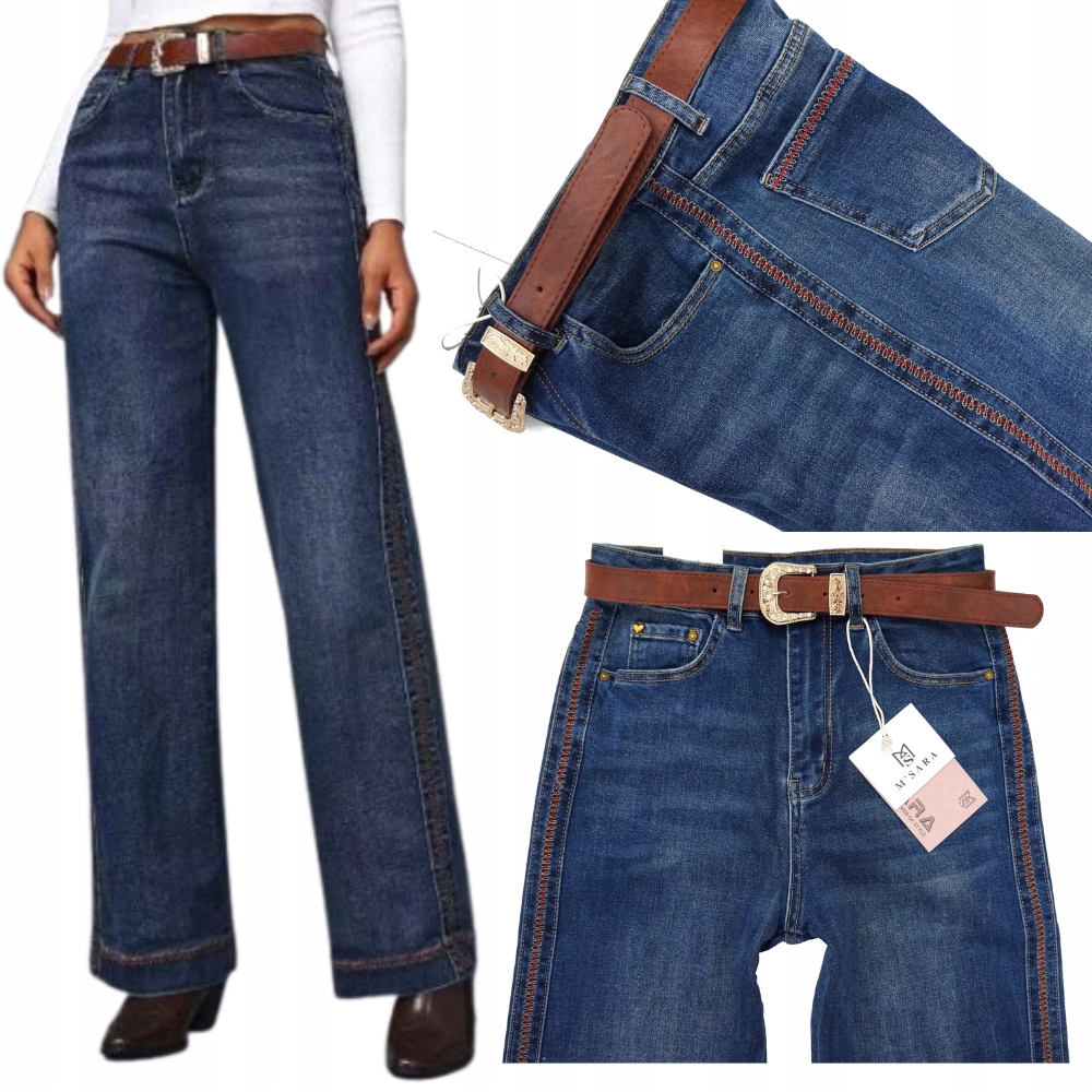 M.sara Nietuzinkowe Spodnie Jeansy Vintage Szerokie Nogawki Ozdobny Szew 44