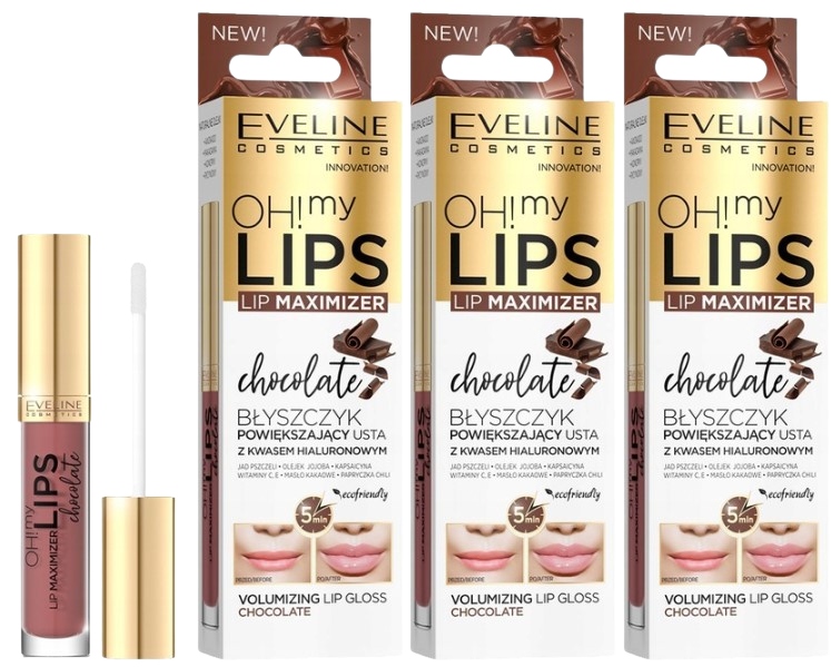 3 kusy Lesk na rty Oh My Lip Maximizer Čokoláda 4,5 ml Eveline Vyživuje