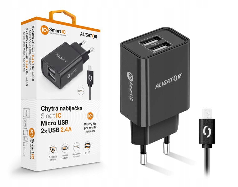 Inteligentna ładowarka sieciowa Aligator 2,4A, 2xUSB, smart IC, czarna, micro Usb