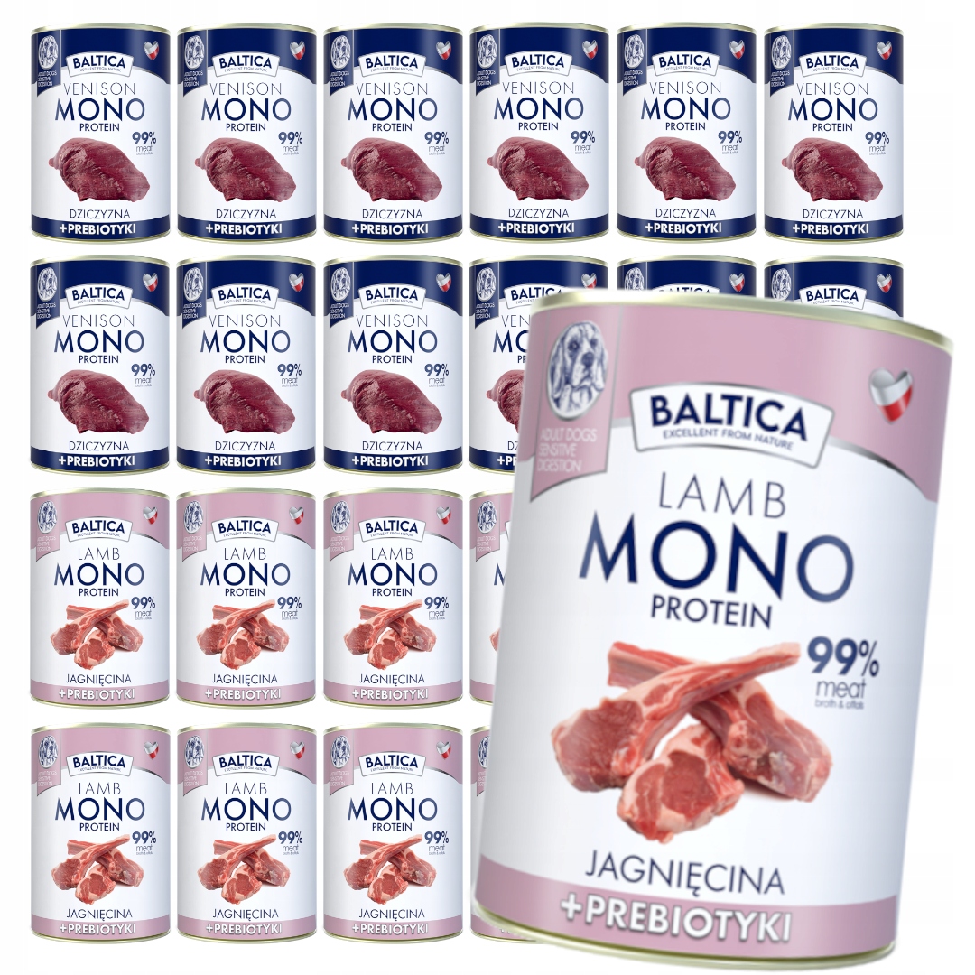 Levně Baltica Monoprotein 24x400g Vlhké Krmivo pro psy s prebiotiky Mix 2 příchutí