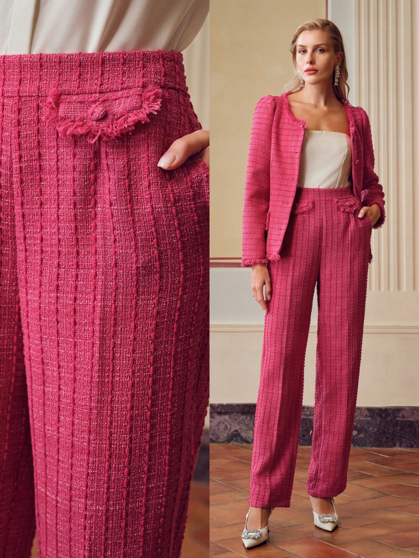 Tvídové Kalhoty Elegantní Jednoduché Růžové Premium Motf S 36