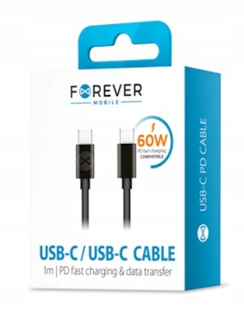 Kabel Forever USB-C - USB-C 1m 3A Czarny 60W PD Długość przewodu 1 m