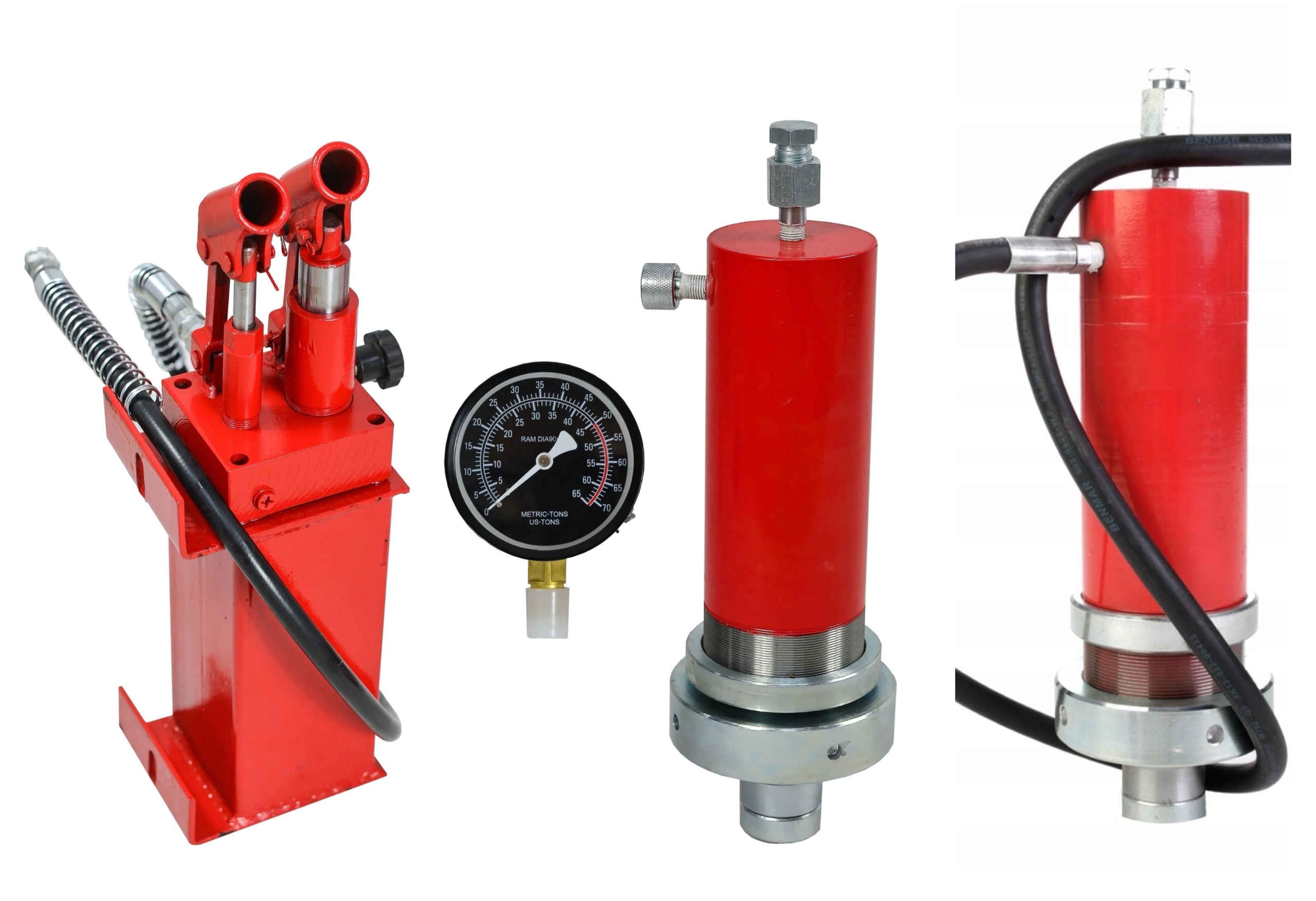 ZESTAW PRASA 30T 30TON 2 STOPNIOWA POMPA SIŁOWNIK WĄŻ ZEGAR SZYBKOZŁĄCZKI