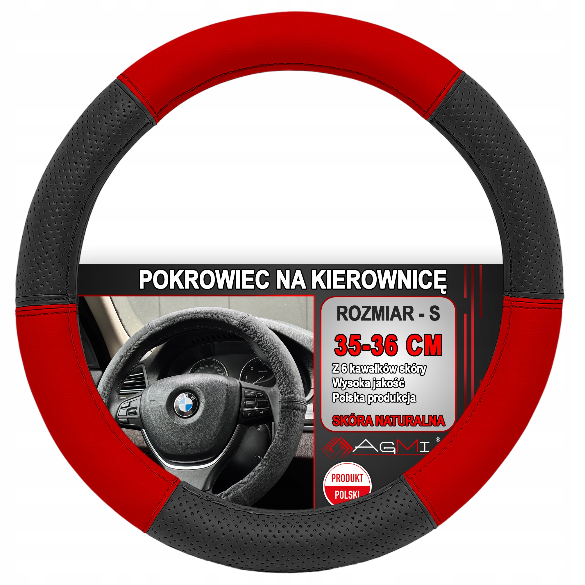 NAKŁADKA NA KIEROWNICĘ SKÓRZANY POKROWIEC SKÓRA 6 KAWAŁKÓW 35-36 CM