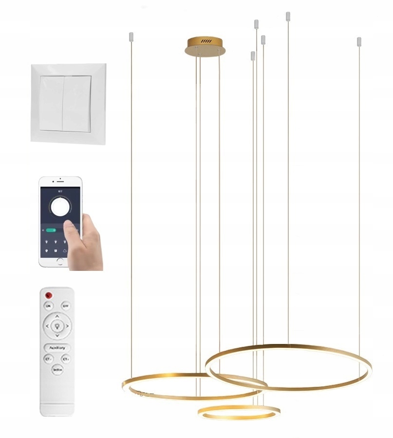 Lampa Ringi Złota 80 60 40CM 108W Bluetooth Pamięć Darmat Light 420