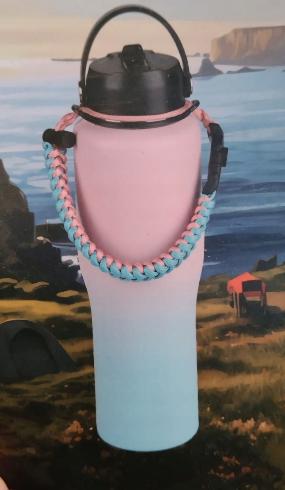 XXL Velký termohrnek 950 ml ombre růžovo-modrý termoska paracord