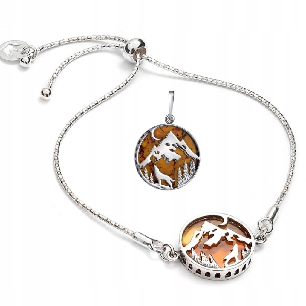 Komplet Stříbrných Šperků S Jantarem, Náramkem A Přívěskem
