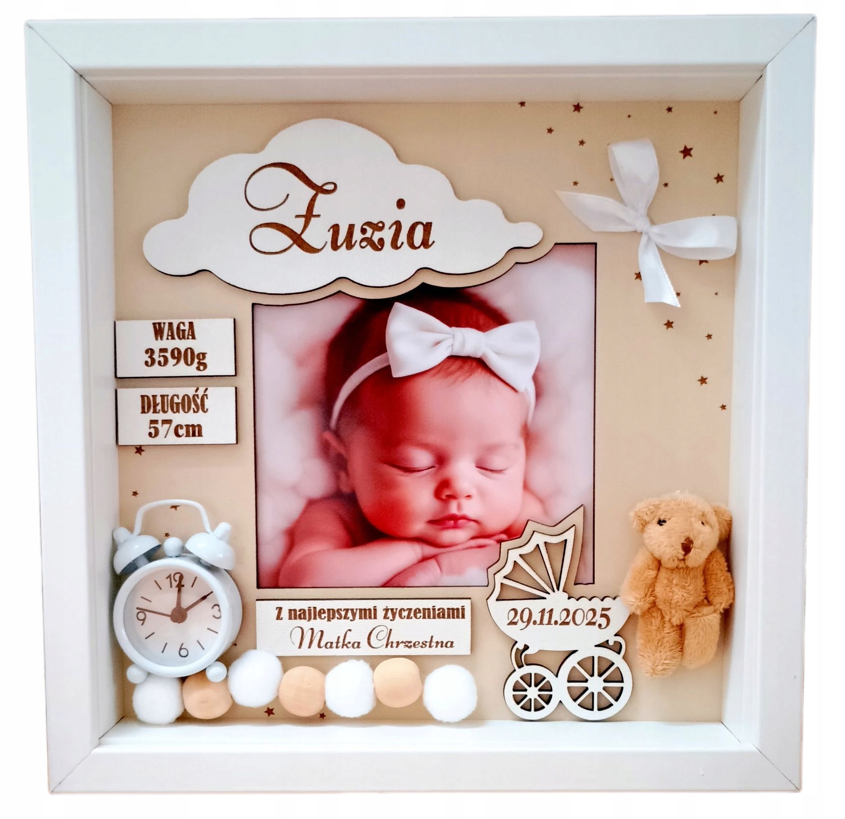 Metryczka na chrzest lub roczek ze zdjęciem * Ramka 3D 25x25cm