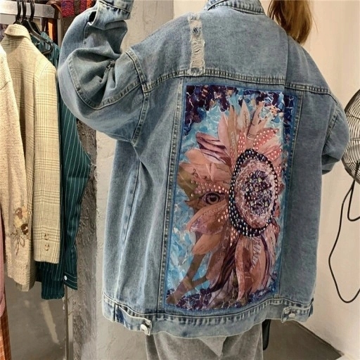 KURTKA JEANS DŻINSOWA KWIAT VINTAGE BOHO STYL XL Rozmiar L