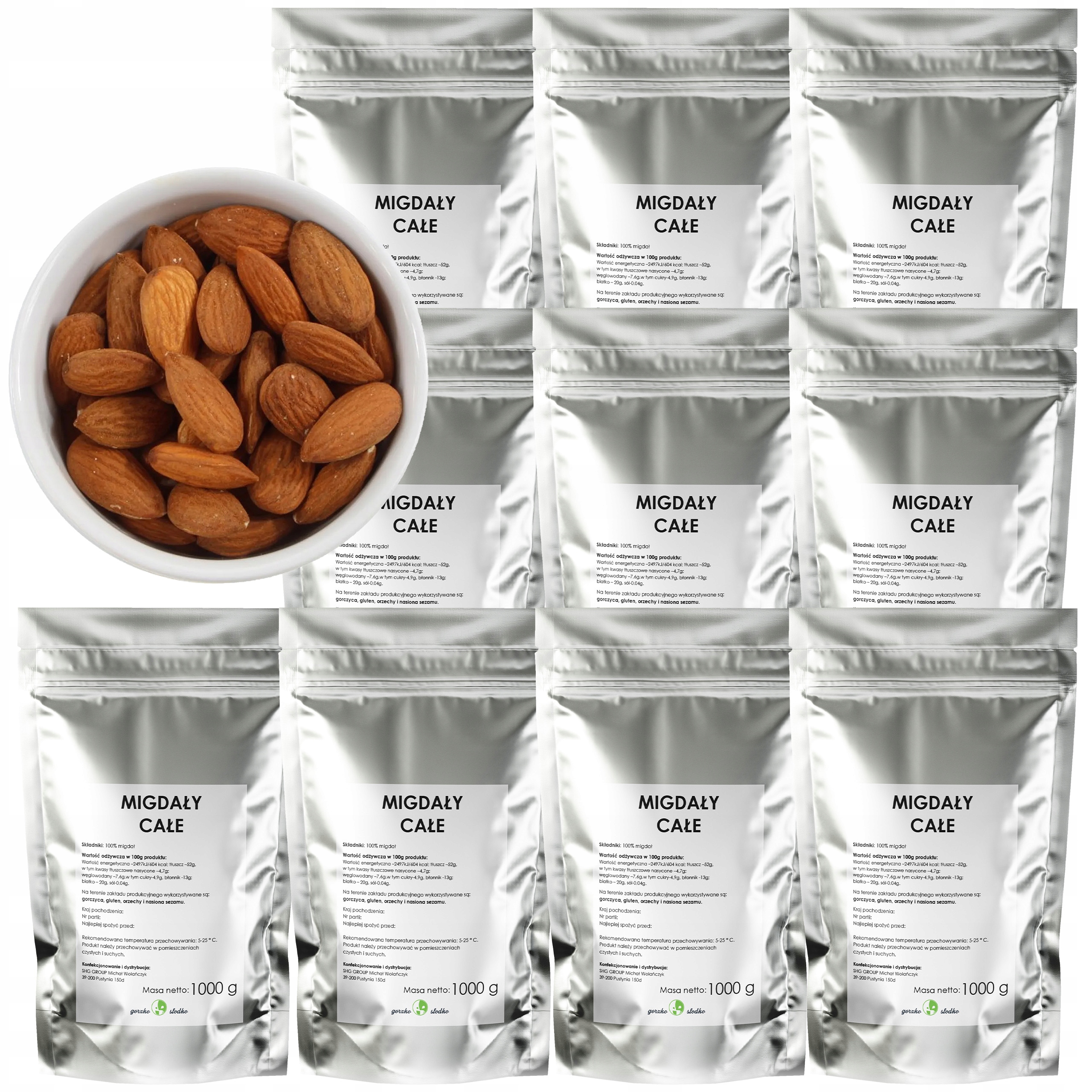 Migdały kalifornijskie 10 kg Całe naturalne bez soli cukru Gorzko Słodko