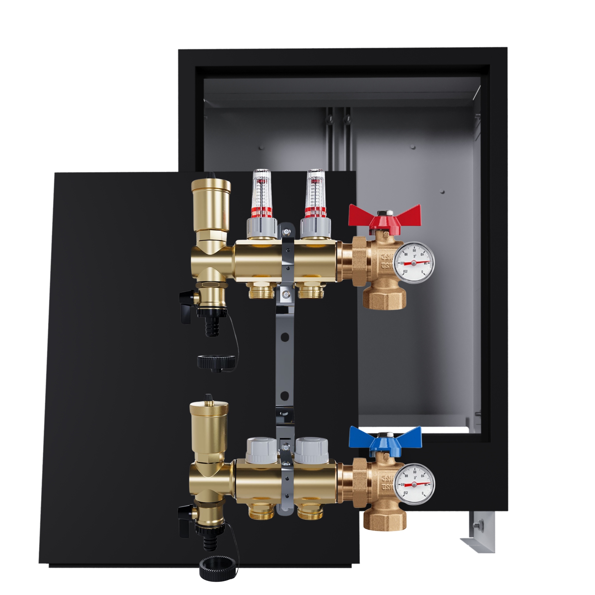 Rozdělovač Pro Podlahovku, 2 Okruhy S Podomítkovou Skříní, Černý Ventily