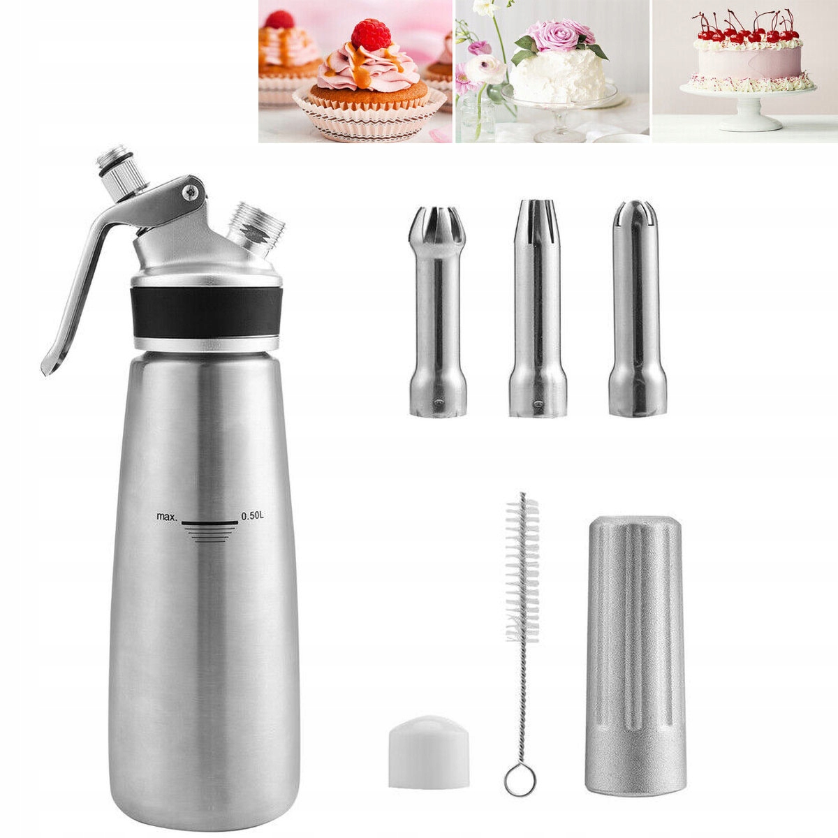 Hliníkový Sifon Na Šlehačku 0.5 L Se 3 Koncovkami Z Nerezové Oceli