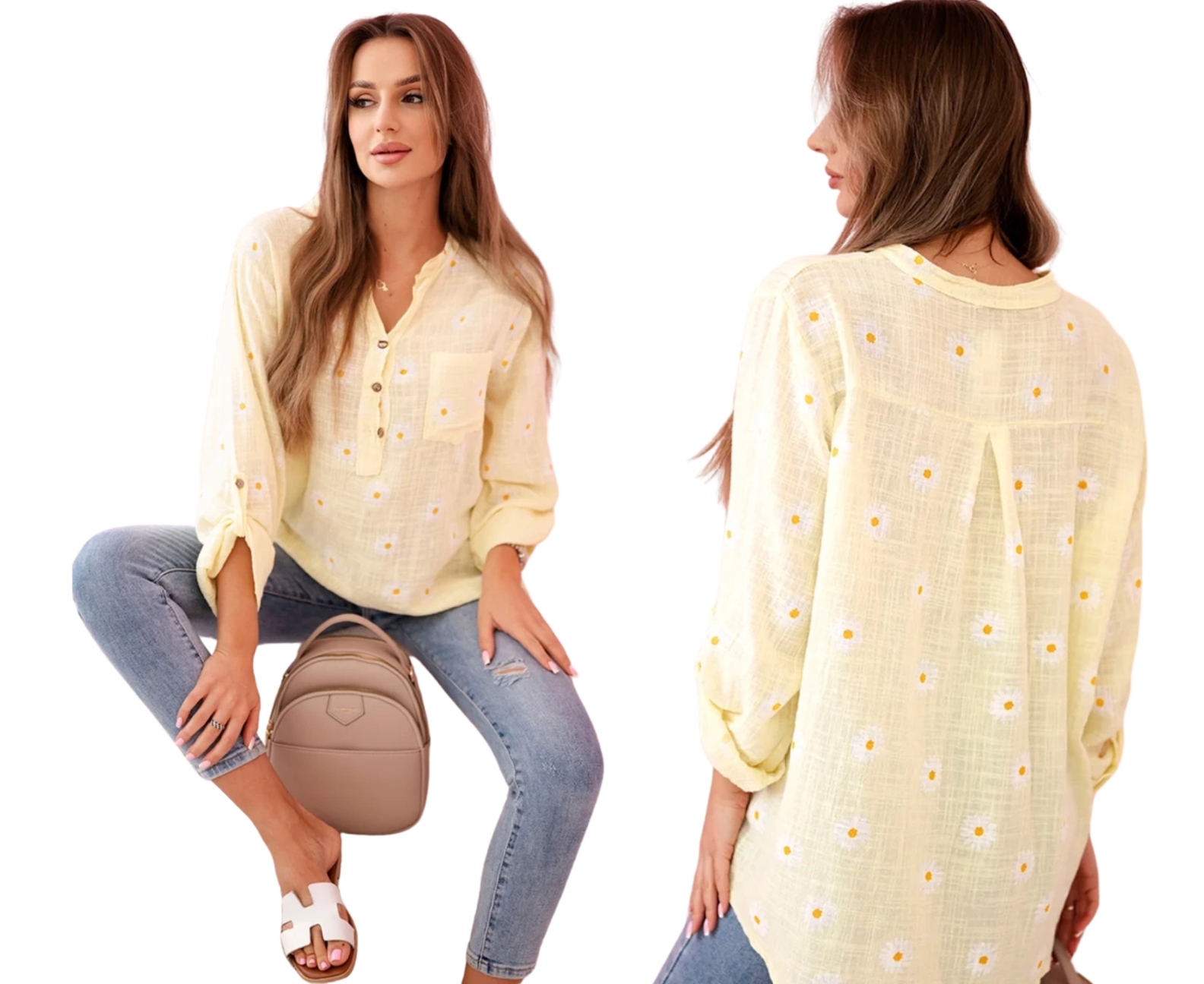 Żółta lniana damska bluzka w kwiaty z długim rękawem i guzikami