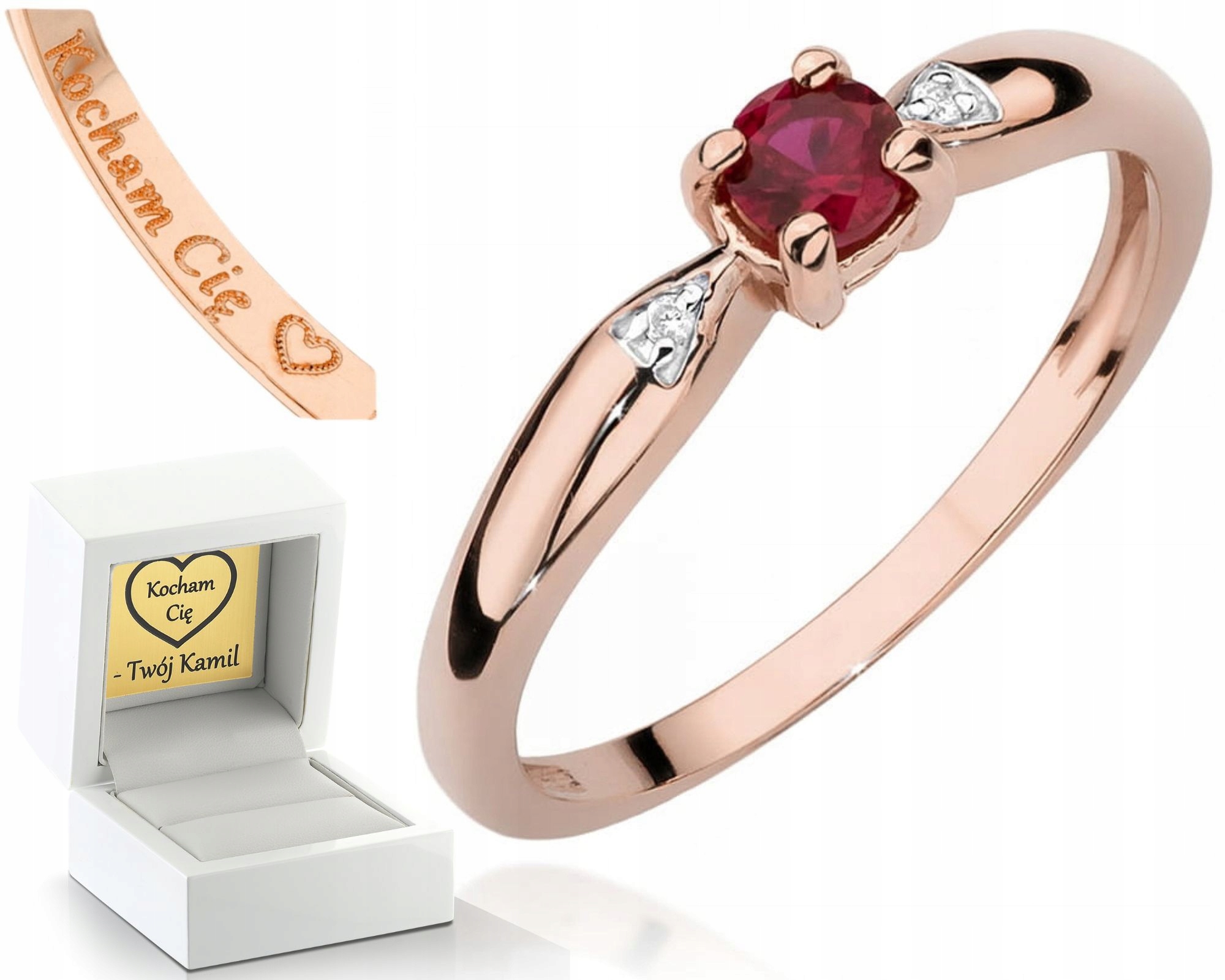 Zlatý Prstýnek Prsten S Rubín A Diamanty, Růžové Zlato 585, Gravírování